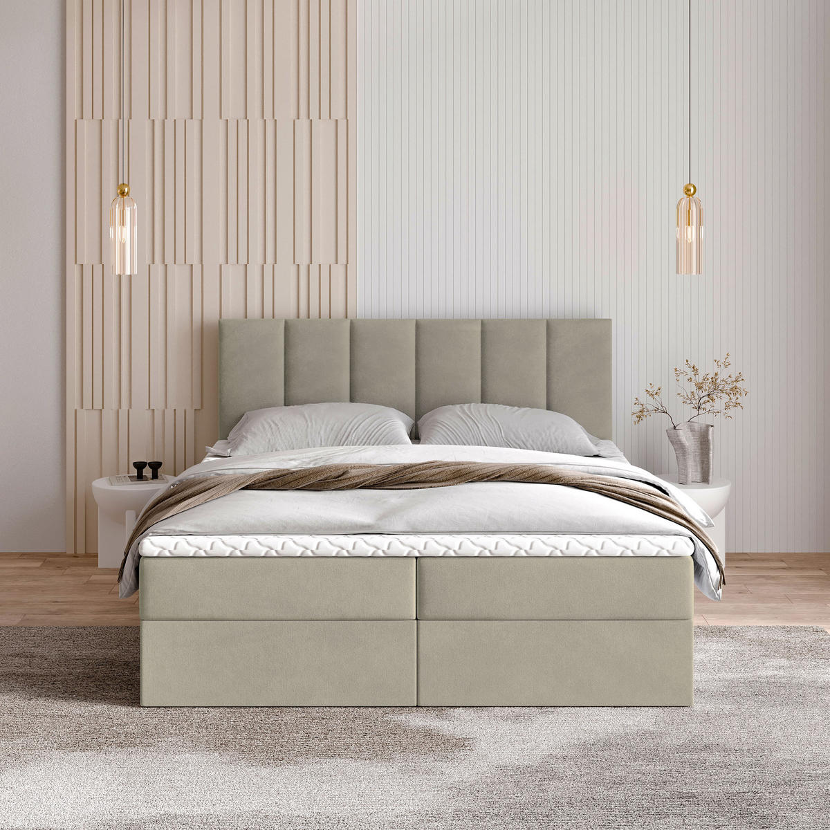 BOXBETT MERIL 180x200 cm mit Matratze und Topper - Beige - Beige, Holz (180/200cm) - MASSENO