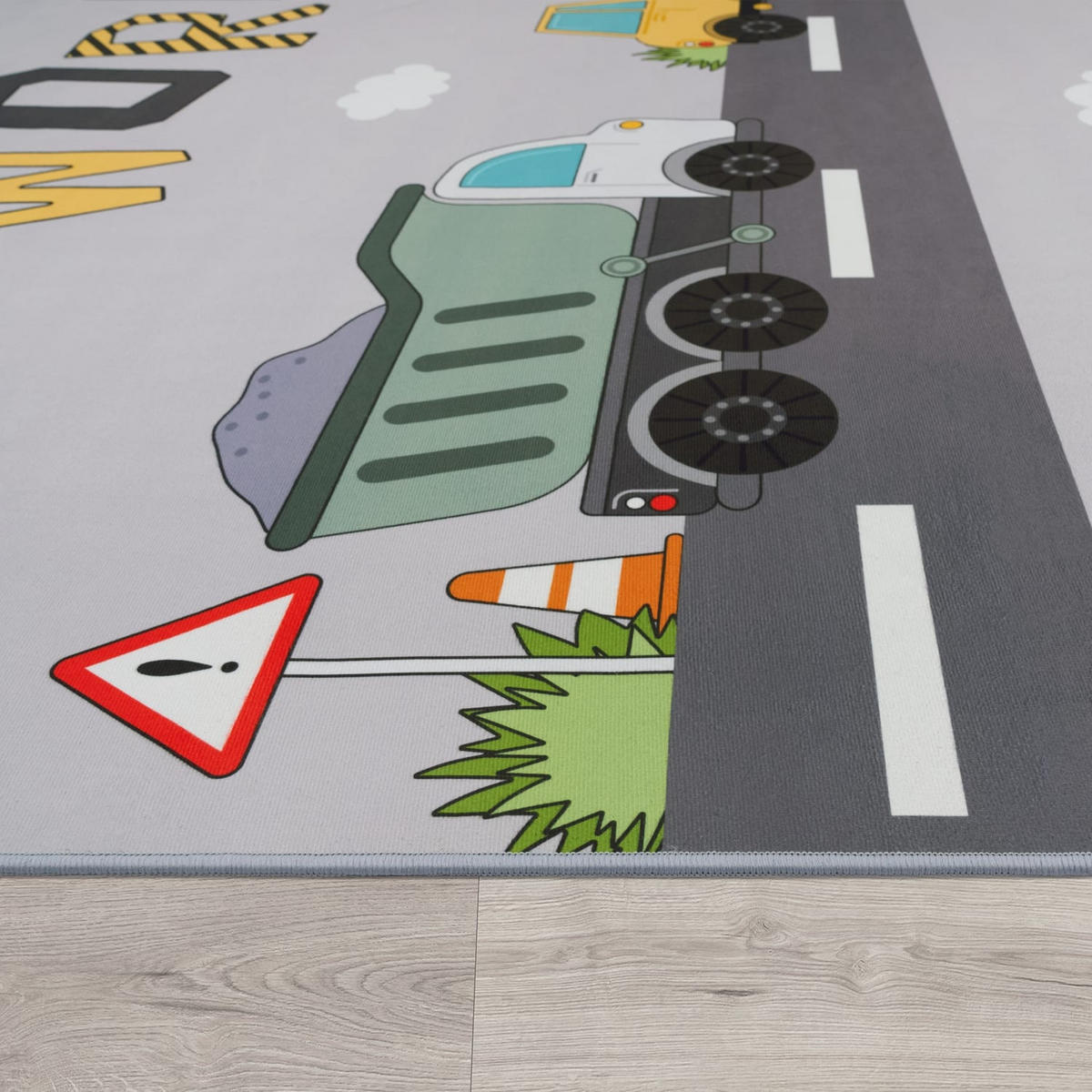 KINDERTEPPICH waschmaschinenwaschbar Baustellenfahrzeuge‑Muster Kinderzimmer schmutzabweisend Grau Rechteckig 80x150 - Grau, Textil (80/150cm) - KADIMA DESIGN