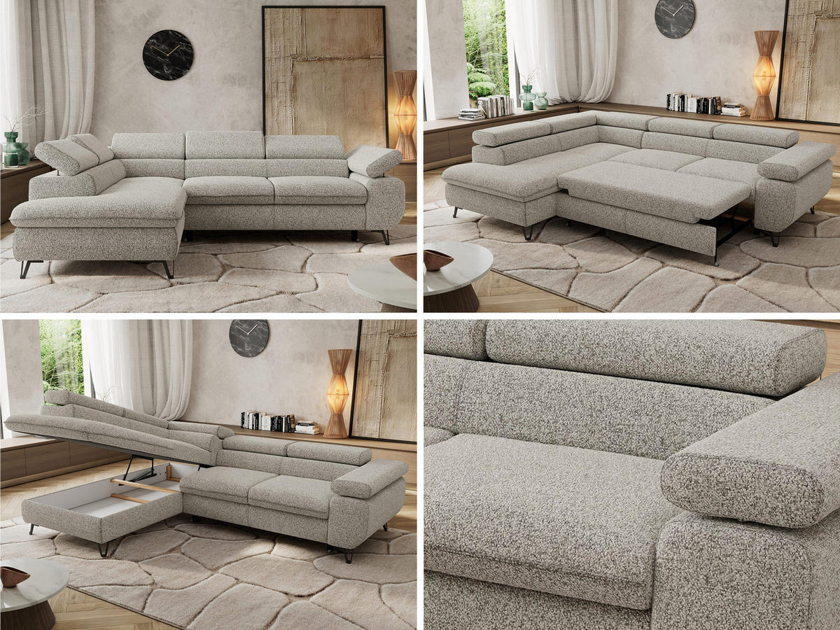 ECKSOFA PABLO L Hellgrau Struktur - Links Seite mit T25 Topper - Hellgrau/Schwarz, Textil/Metall (208/273cm) - MKS