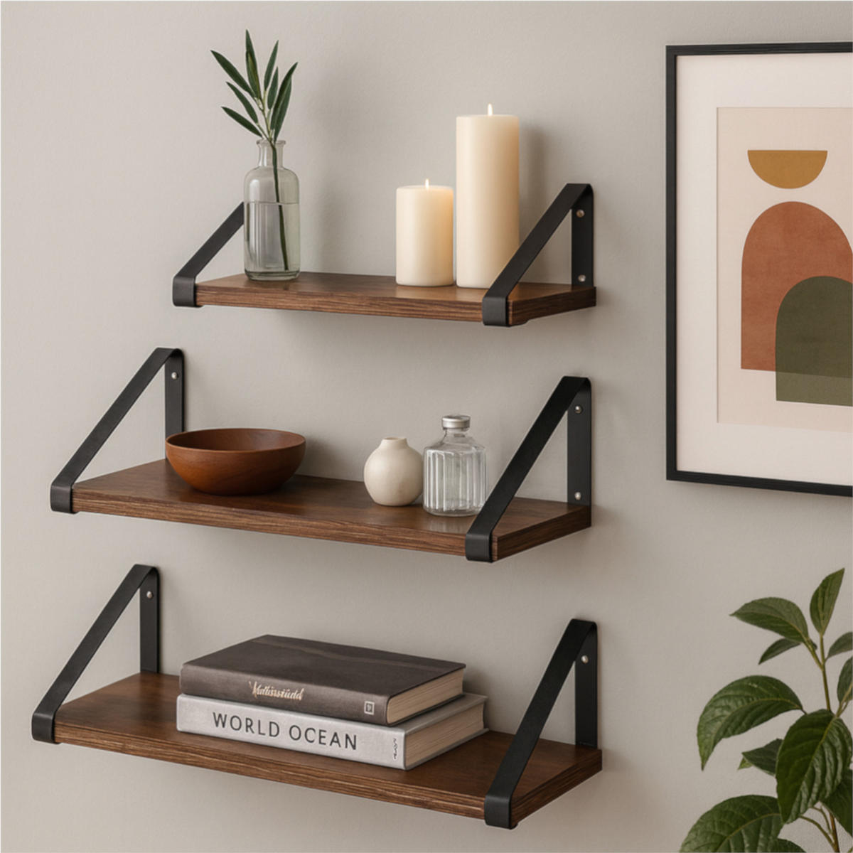 WANDREGAL Holzoptik Metall Dunkelbraun Schwarz 3-er Set 30/35/40x12x11 cm - Dunkelbraun/Schwarz, Holzwerkstoff/Metall (12/11/40cm) - Begryf