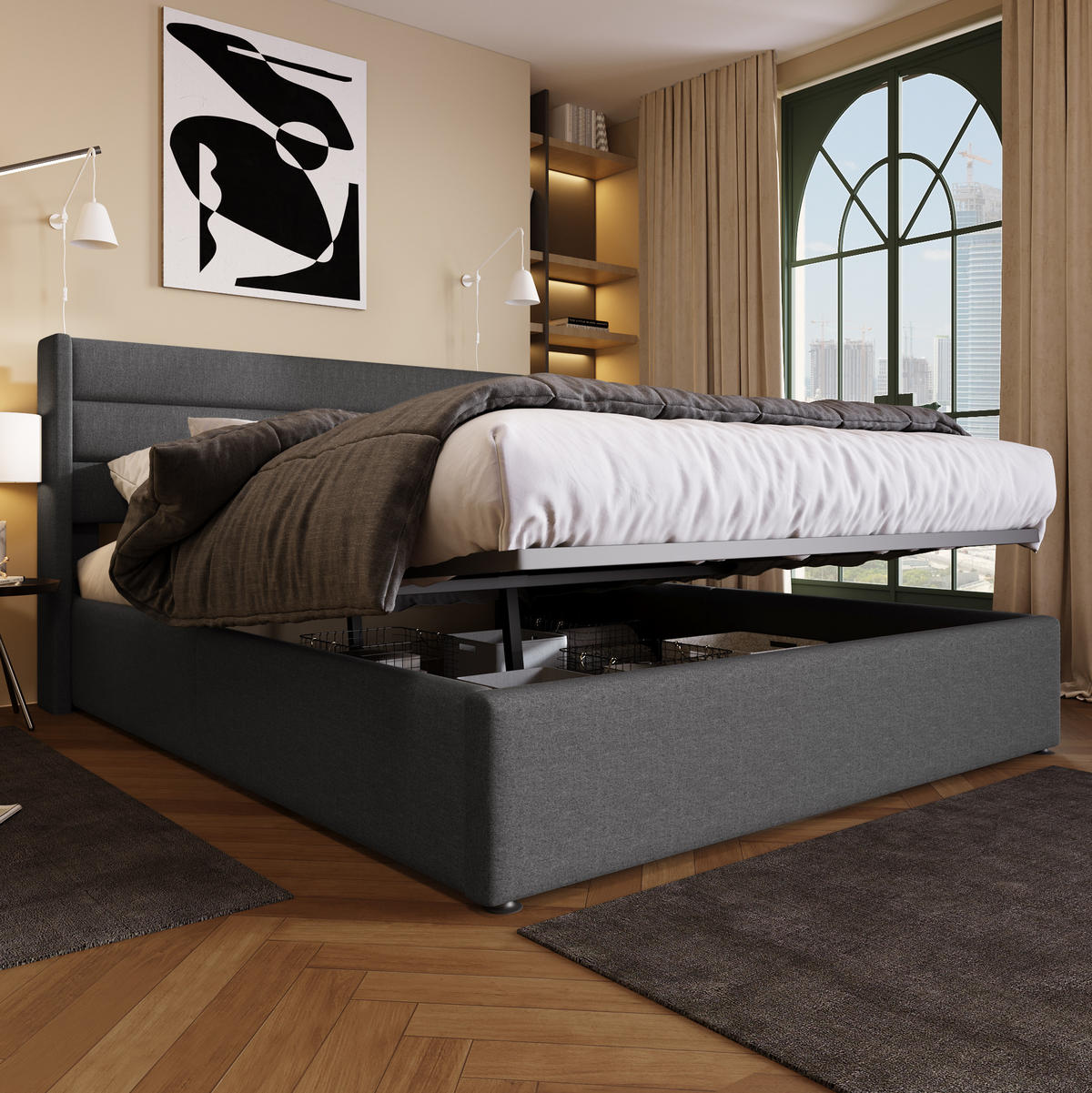POLSTERBETT 160/200 cm Grau aus Leinen mit Bettkasten - Grau, Textil (160/200cm) - OKMYHOME