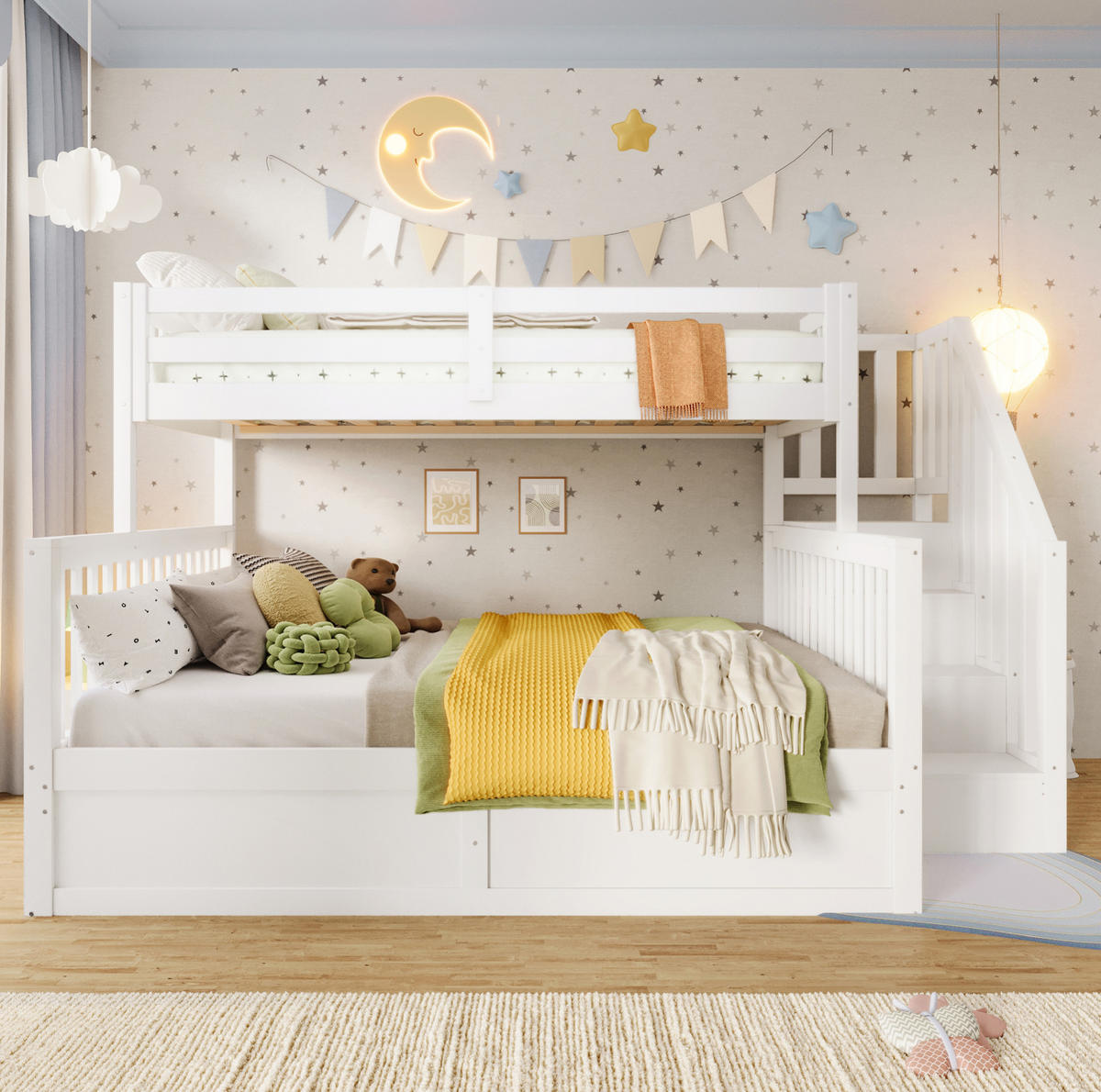 ETAGENBETT 90/200 cm + 140/200 cm in Weiß mit Stauraum und Ablagetreppe - Weiß, Holz (90/200cm) - OKMYHOME