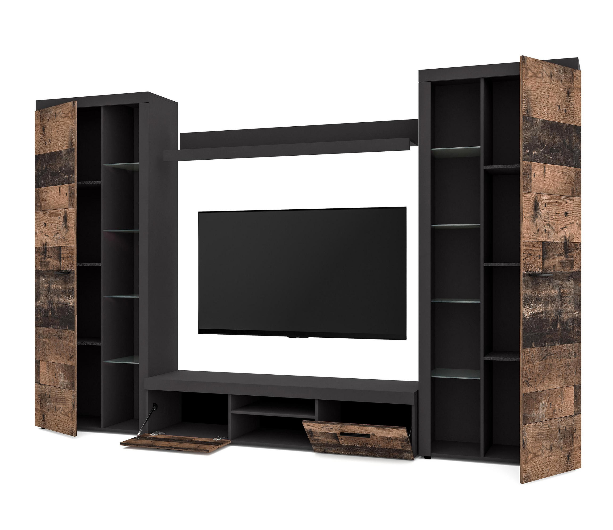 WOHNWAND Spacoro XL Matera, Oldwood 300/190/40 cm Viel Stauraum ohne LED - Dunkelgrau/Bronzefarben, Holzwerkstoff/Kunststoff (300/190/40cm) - AX Living