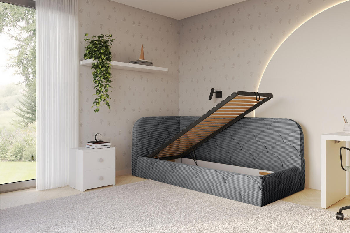 EINZELLBETT Jugendbett mit Bettkasten, Rechts - ELRY 100x200 Dunkelgrau - Schieferfarben, Holzwerkstoff/Textil (100/200cm) - ALTDECOR