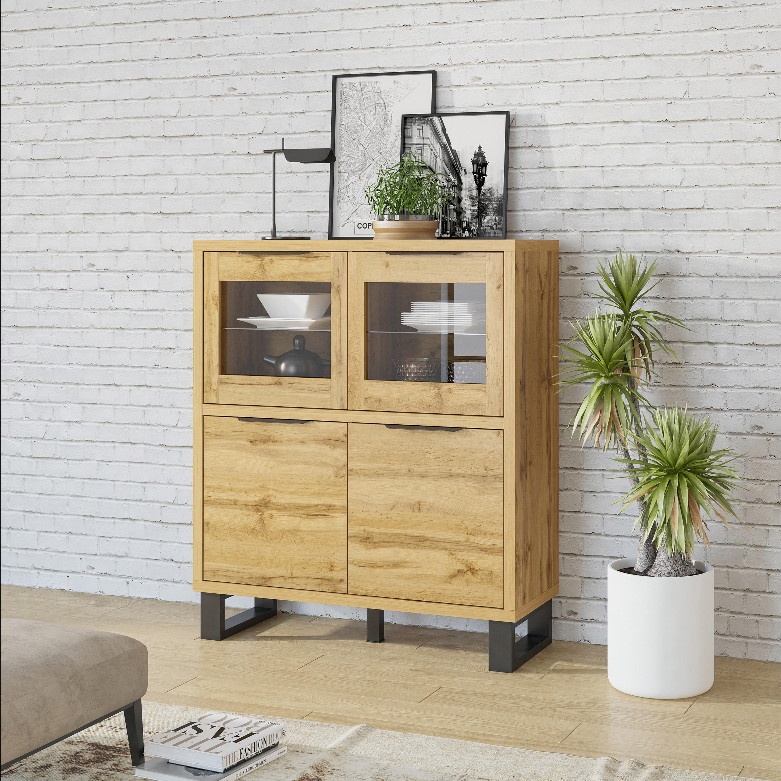 HIGHBOARD HALENZA 120/140/45 cm mit 4 Türen Eiche Wotan - Eiche Wotan, Holzwerkstoff (120/140/45cm) - MASSENO