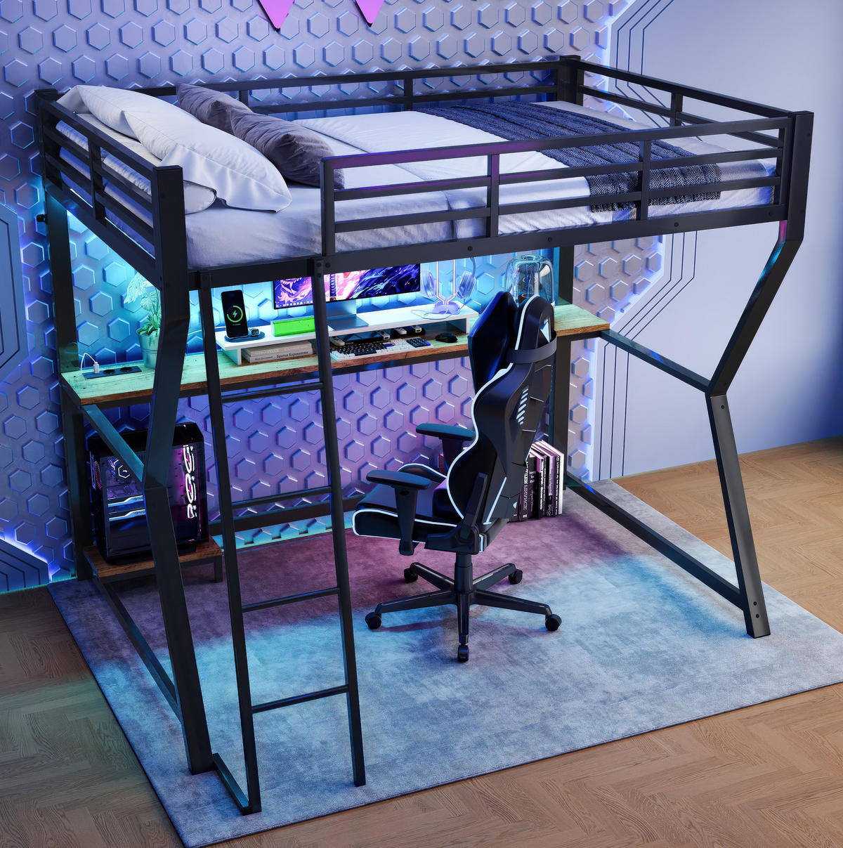 HOCHBETT 90/200 cm Schwarz aus Metall/MDF mit Schreibtisch - Schwarz, Metall (90/200cm) - OKMYHOME
