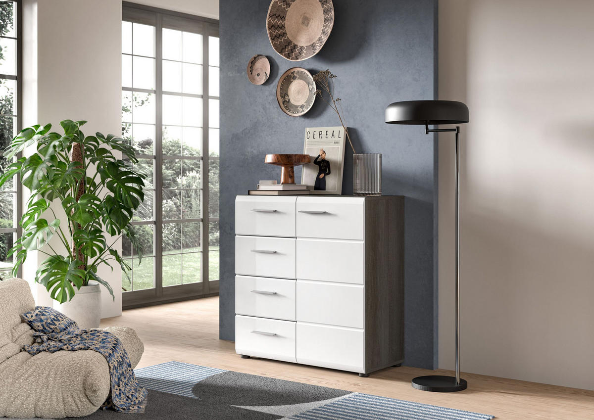 KOMMODE SALSA (B/H/T: ca. 80/85/37 cm) in Rauchsilber Nachbildung/weiß hochglanz - Silberfarben, Holzwerkstoff (80/85/37cm)