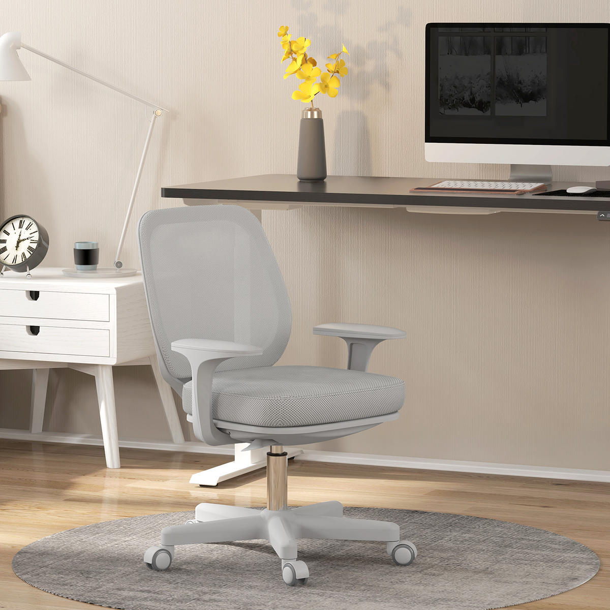 BÜROSTUHL, Ergonomisch Schreibtischstuhl mit Drehfunktion, Höhenverstellbar - Weiß/Grau, Kunststoff (48/94.5/55cm) - Vinsetto