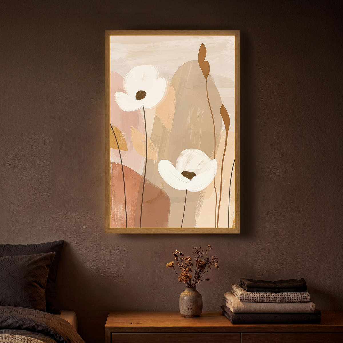 NÁSTĚNNÁ LAMPA S AKUMULÁTOREM Květiny - Abstraktní - Béžová - Line art 40x60 cm - písková barva, kompozitní dřevo (40/60/8cm) - OnlyWow