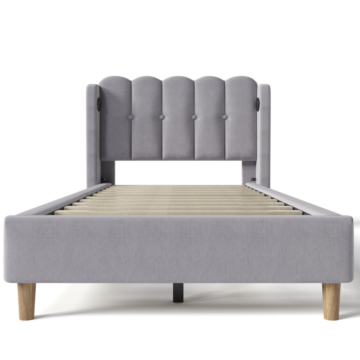 POLSTERBETT 90/200 cm mit USB- und Typ-C-Anschluss, Lattenrost und Matratze, Leinenbezug, Grau - Grau, Textil (90/200cm) - Redom