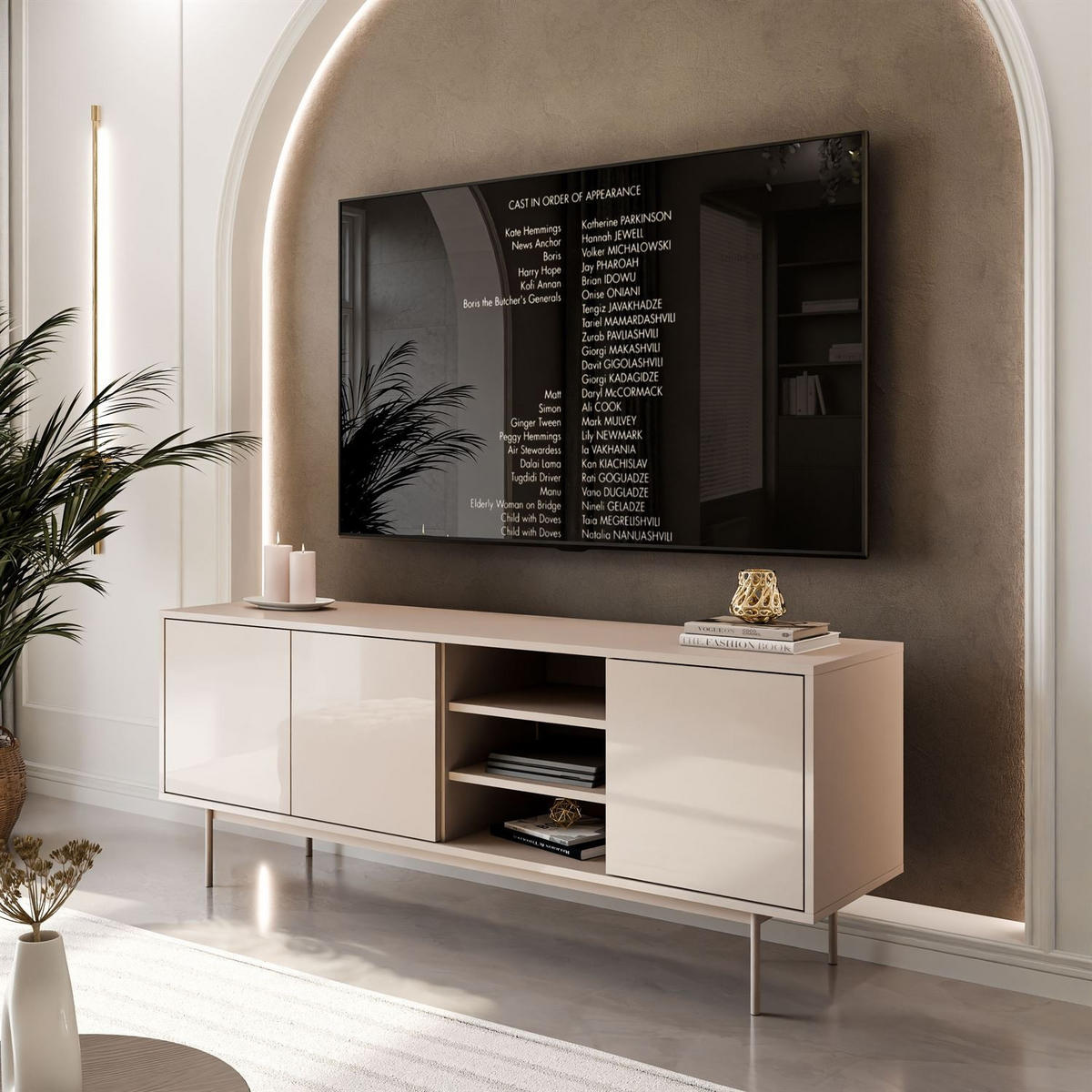 TV-SCHRANK SANAYI Kaschmir Hochglanz mit Gestell - Kaschmir, Holzwerkstoff (156/62/38cm) - Lookway