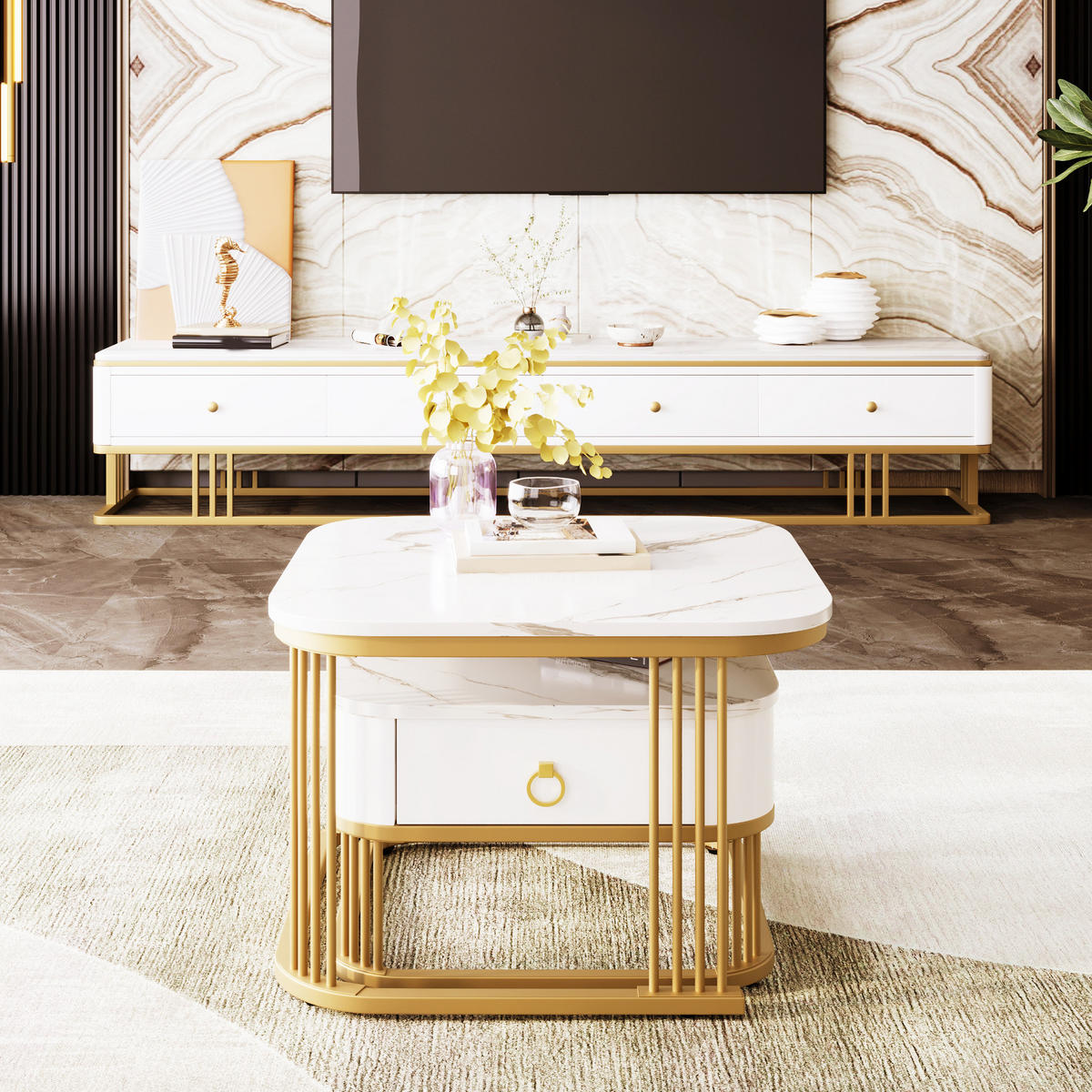 COUCHTISCH verschachtelbar 60 x 60 cm MDF Weiß-Gold 2er-Set - Weiß, Metall (60/60/45cm) - Meubliv