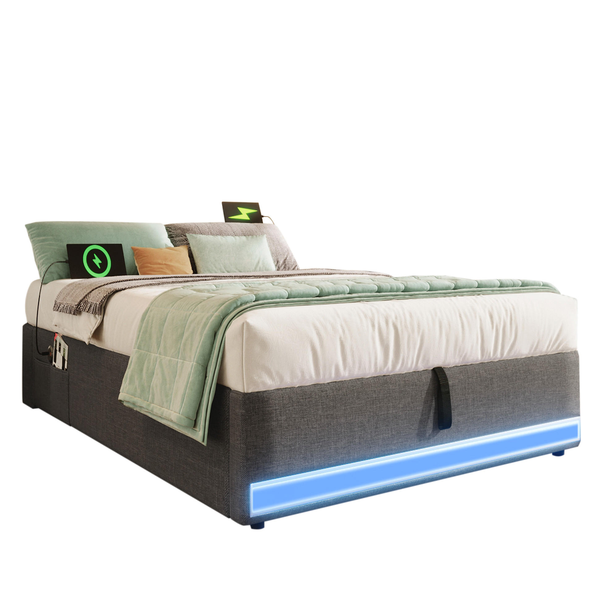POLSTERBETT 90/200 cm Grau aus Leinen mit LED-Leiste - Grau, Textil (90/200cm) - OKMYHOME