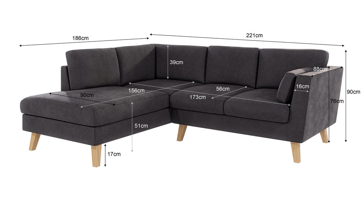 ECKSOFA Mario Graphit Microfaser - Graphitfarben/Naturfarben, Buchenholz/Textil (221/186cm) - S-Style Möbel