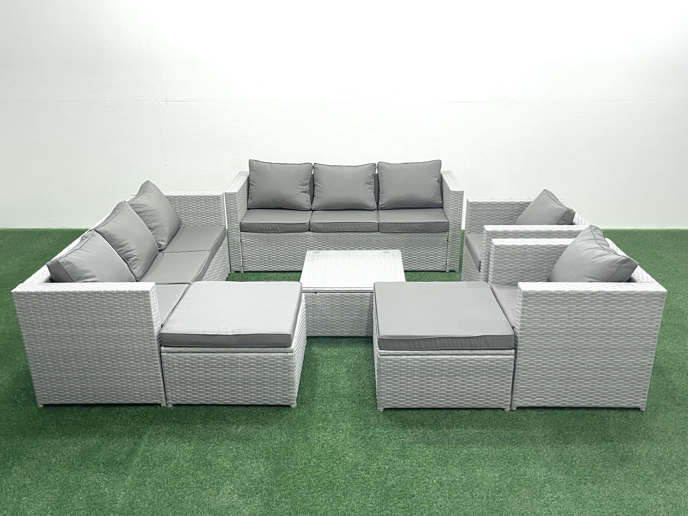 GARTENMÖBEL-SET mit Kissen Polyrattan Hellgrau-Mix 10-Sitzer - Hellgrau/Grau, Glas/Kunststoff - Fimous