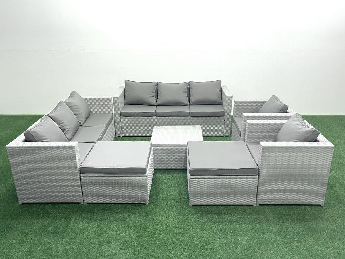 GARTENMÖBEL-SET mit Kissen Polyrattan Hellgrau-Mix 10-Sitzer - Hellgrau/Grau, Glas/Kunststoff - Fimous