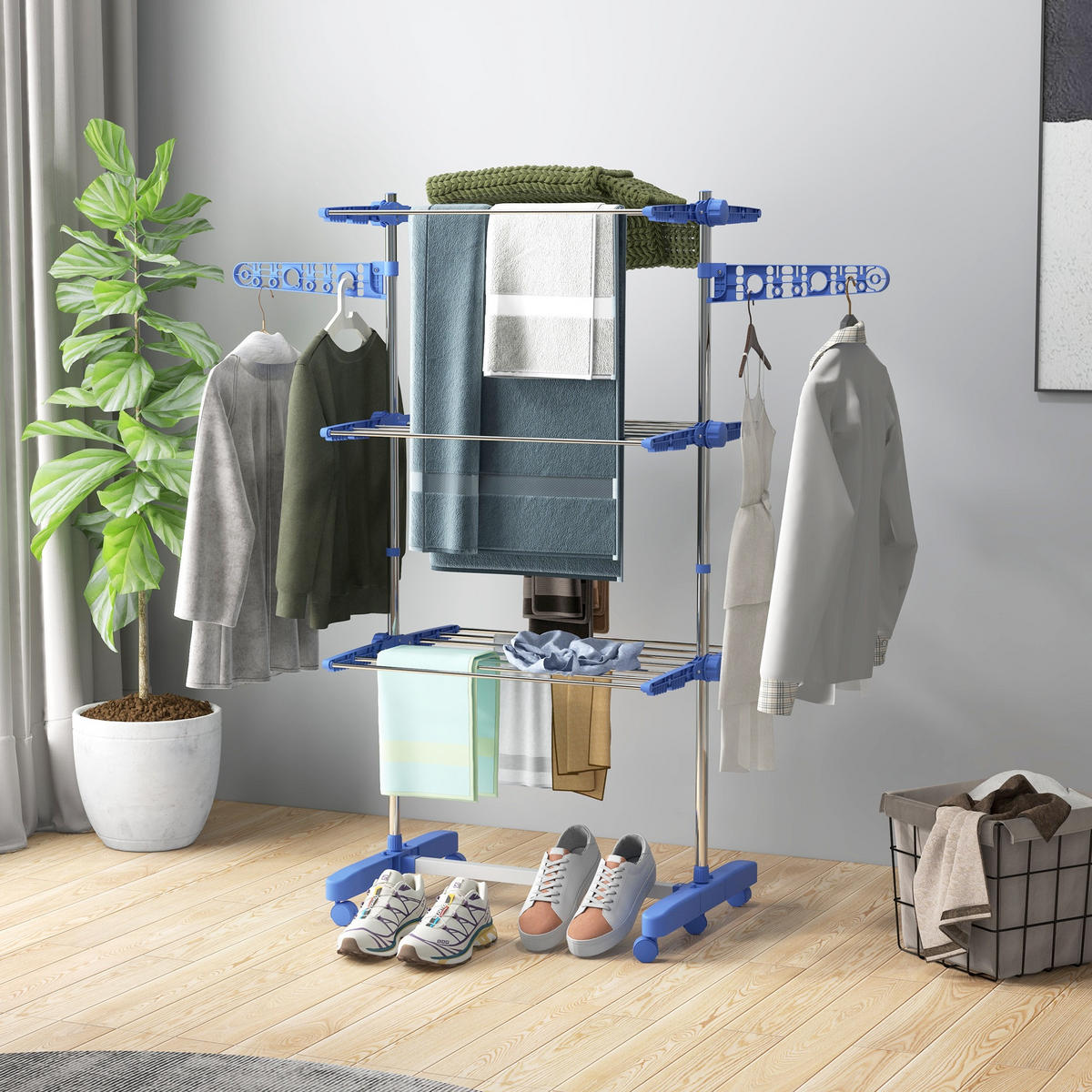 WÄSCHESTÄNDER DE-09792 4 Ebenen klappbar mit 6 Rollen Blau+Silber - Blau, Metall (142/152/55cm) - ComfortXL