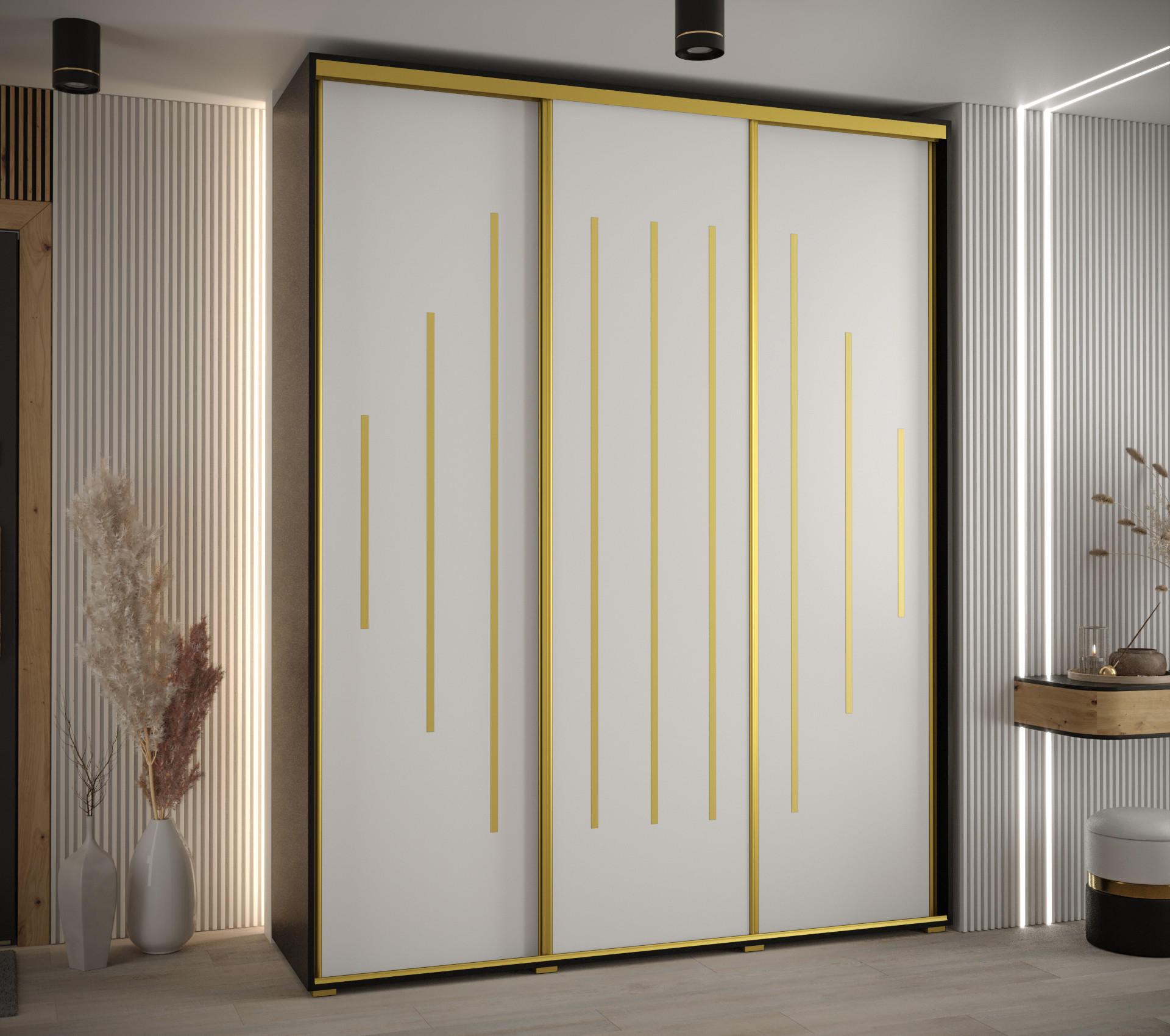 SCHWEBETÜRENSCHRANK 235,2/200/45 3-türig - Goldfarben/Schwarz, Holz/Metall (200/235/45cm) - Abiks Möbel