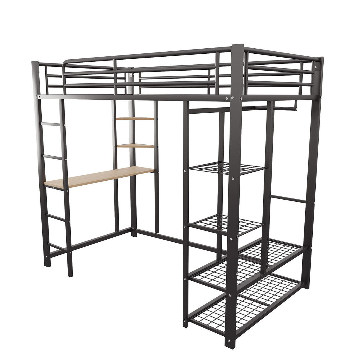 HOCHBETT 90/200 cm mit Leiter, Schreibtisch, Regal und Kleiderstange, Metall/MDF, Schwarz - Schwarz, Metall (90/200cm) - Redom