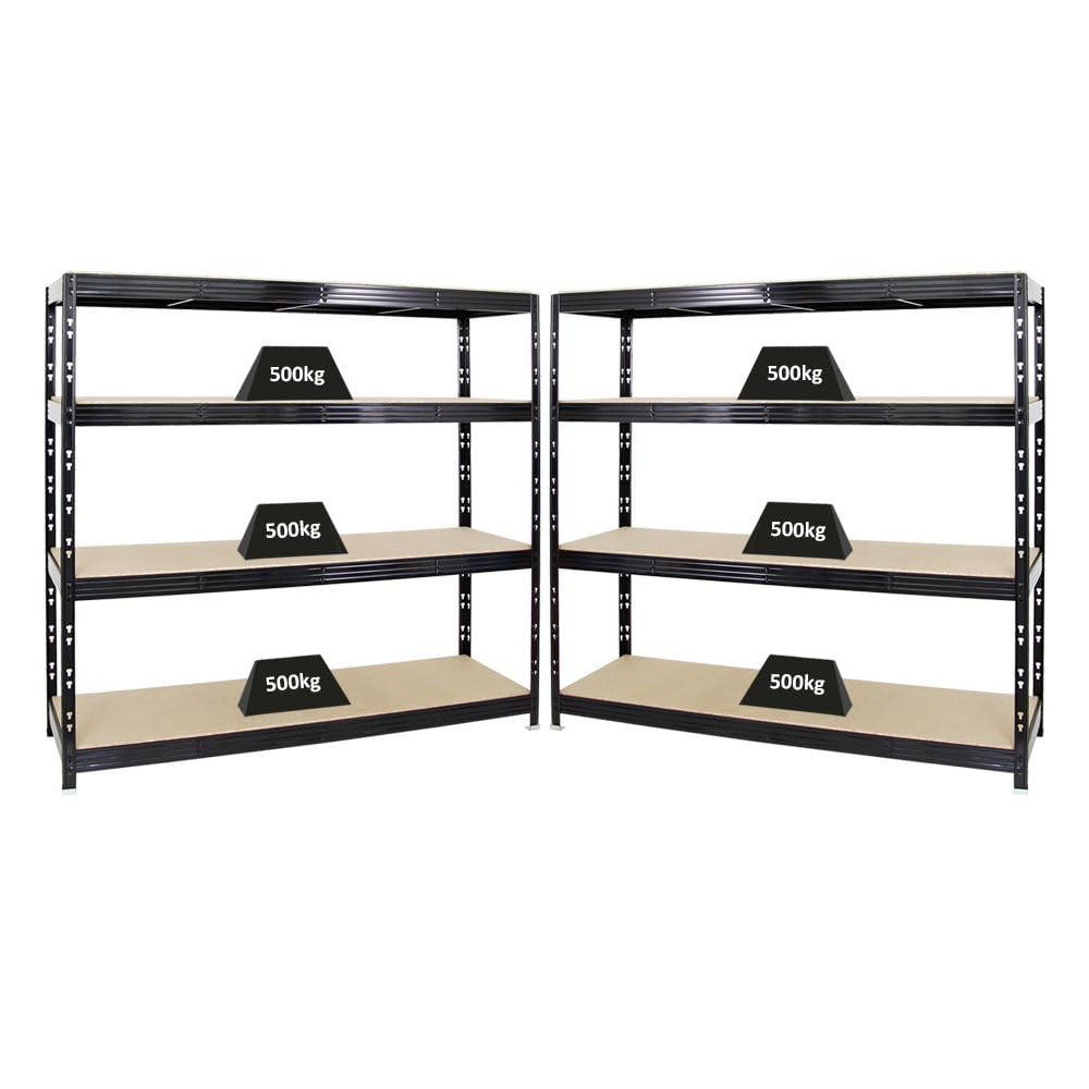 SCHWERLASTREGAL Rhino 2er-Set mit 2x 180x200x60 cm 4 Spanplatten-Ebenen 16mm Fachlast 500 kg Schwarz - Schwarz, Metall (400/180/60cm) - PROREGAL