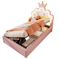 POLSTERBETT 90/200 cm mit LED-Beleuchtung, verstellbarem Kopfteil, hydraulischem Bettkasten und Kronendesign aus PU, Rosa/Weiß - Rosa, Leder (90/200cm) - Redom
