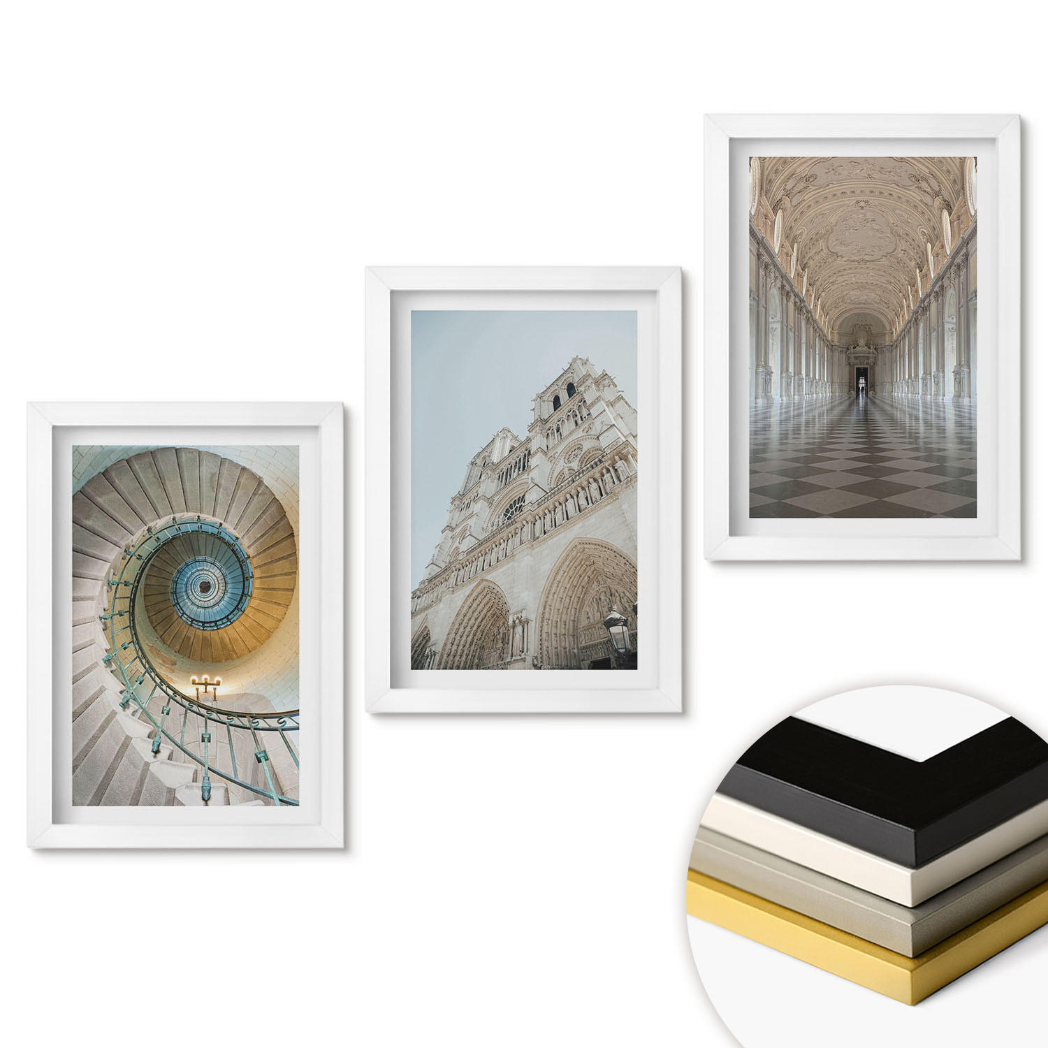 WANDBILDER 3er-Set - 20x30 cm Weißer Rahmen - Wendeltreppe der Kathedralenfassade - Weiß, Kunststoff (20/30cm) - ArtPrintCave