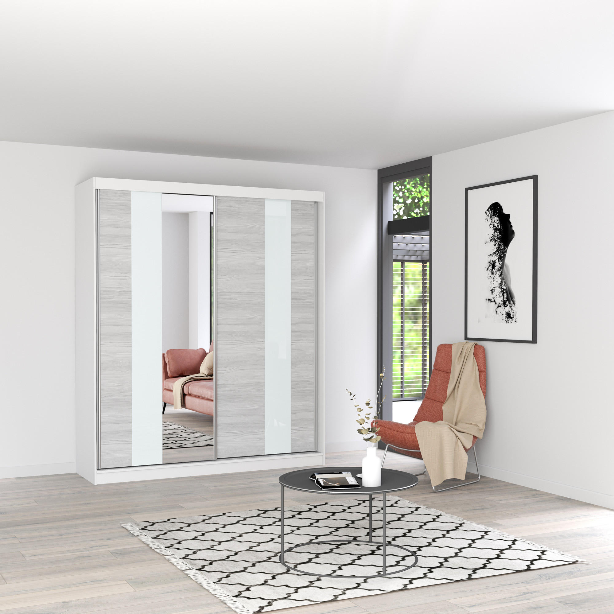 SCHWEBETÜRENSCHRANK Multi 32 Weiß/Kathult Weiß mit LED Beleuchtung 203 cm - Alufarben/Weiß, Glas/Holzwerkstoff (203/218/61cm) - imoebel24