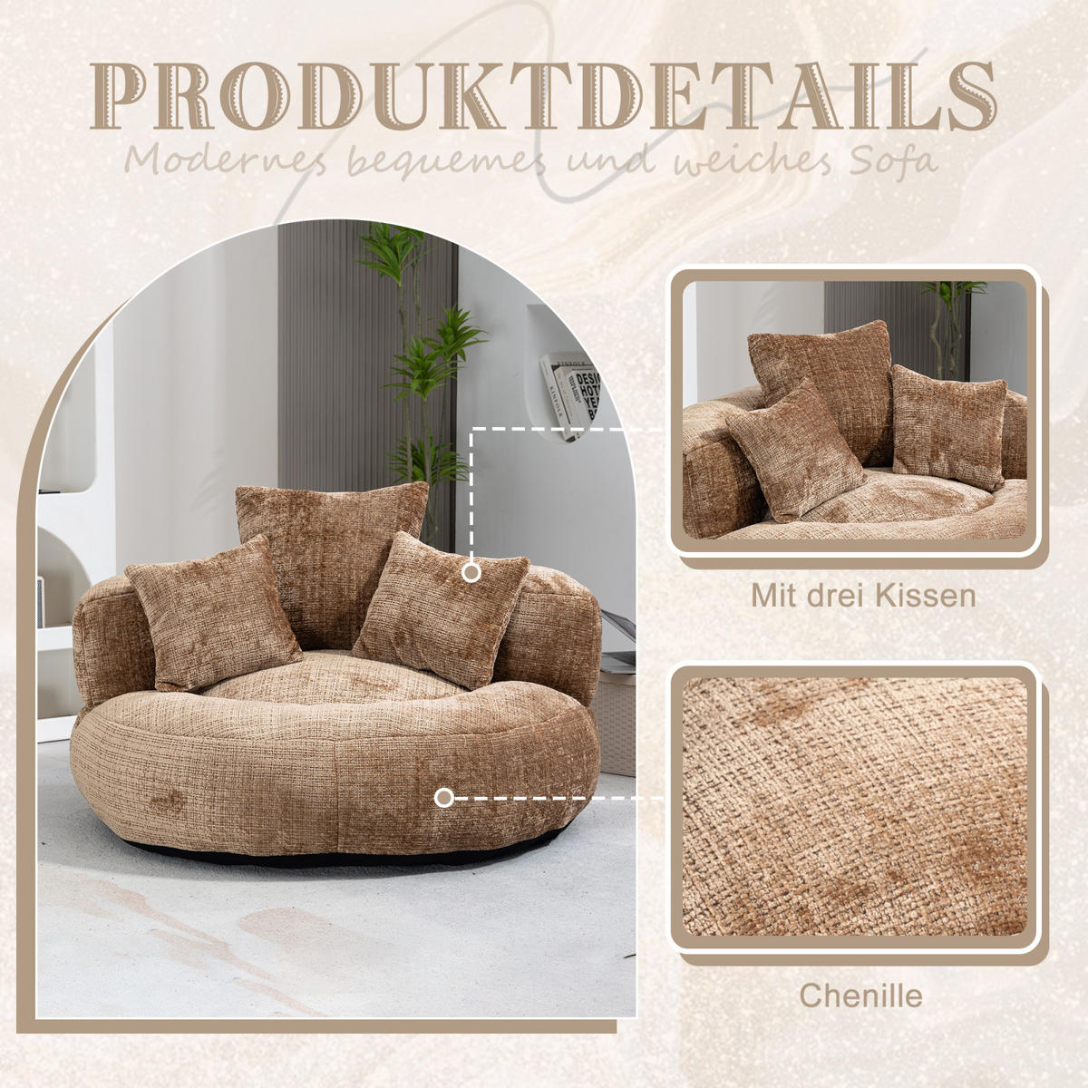 SITZSACK Sessel Chenille mit 3 Kissen bequem weich Schlafsofa Braun - Braun, Textil (108/52/108cm) - PARAFTA HOME