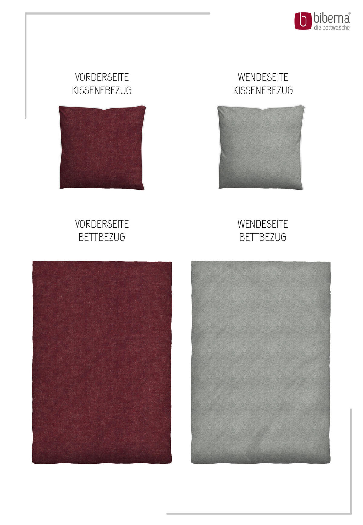 BETTWÄSCHE-GARNITUR Premium Biber Melange UNI burgund, 200x200 cm + 80x80 cm - Bordeaux, Textil (200/200cm) - biberna
