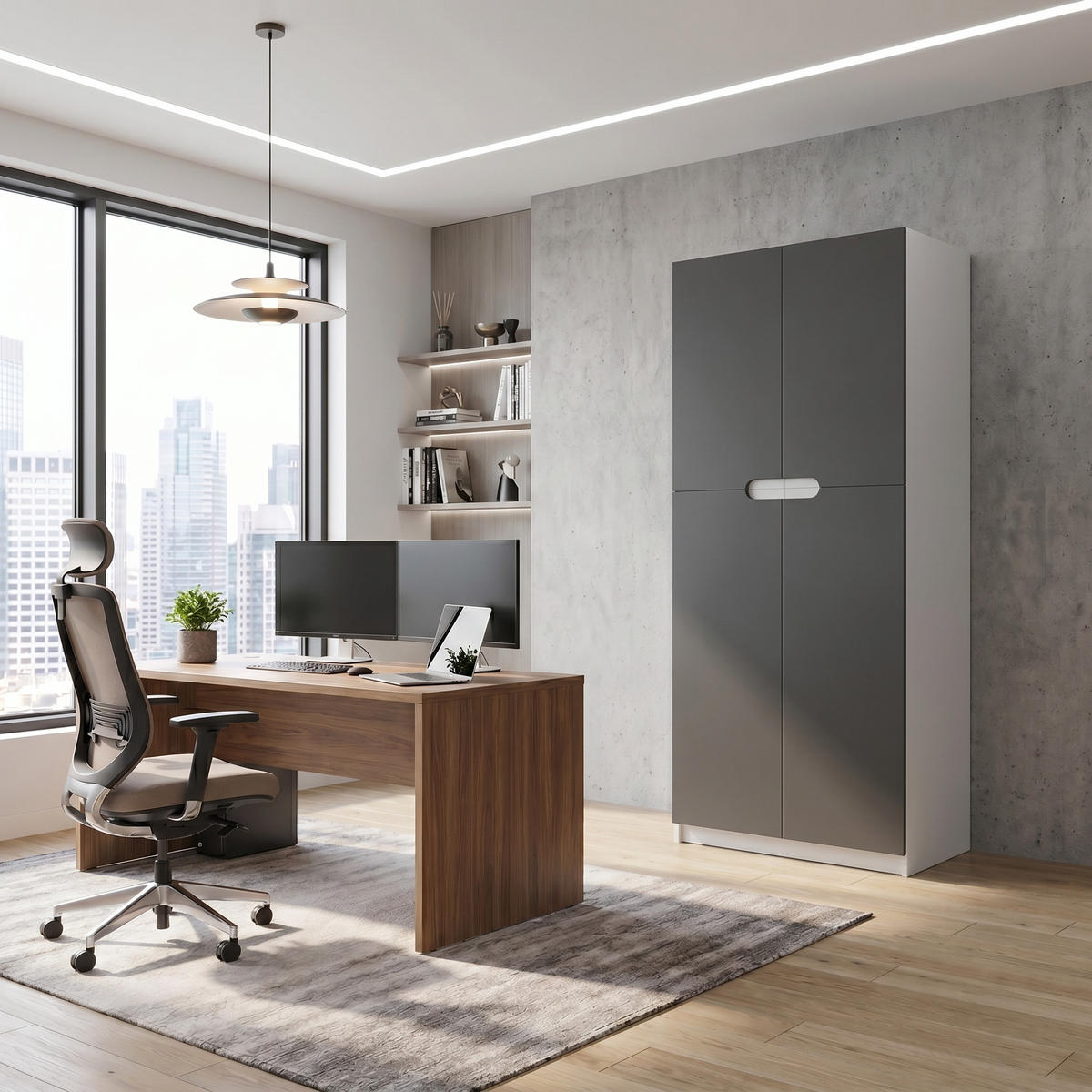 BÜROSCHRANK Logan Fronten in Graphit Seidenmatt - Graphitfarben, Holzwerkstoff (82/184/37cm) - Vladon
