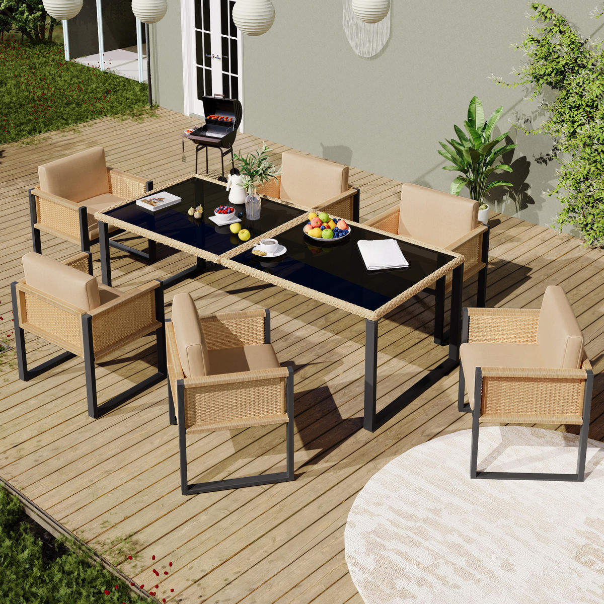 GARTENSET 6 Personen Tisch Stuhl - Schwarz, Naturmaterialien - LEBENLANG