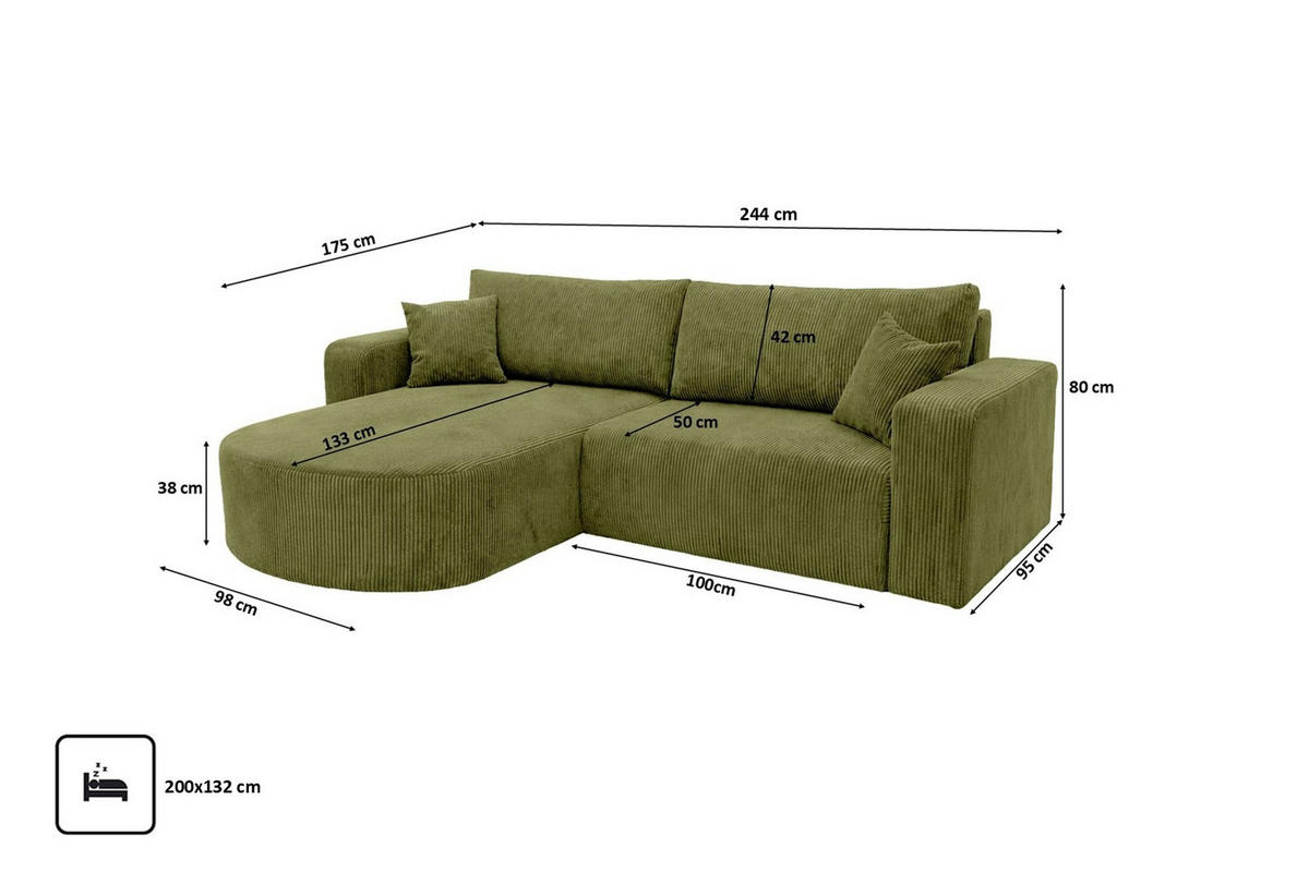 ECKSOFA Mit Schlaffunktion, Cordstoff Poso, Olive, Links, ROUND ONE - Olivgrün, Holz (244/175cm) - Kaiser Möbel