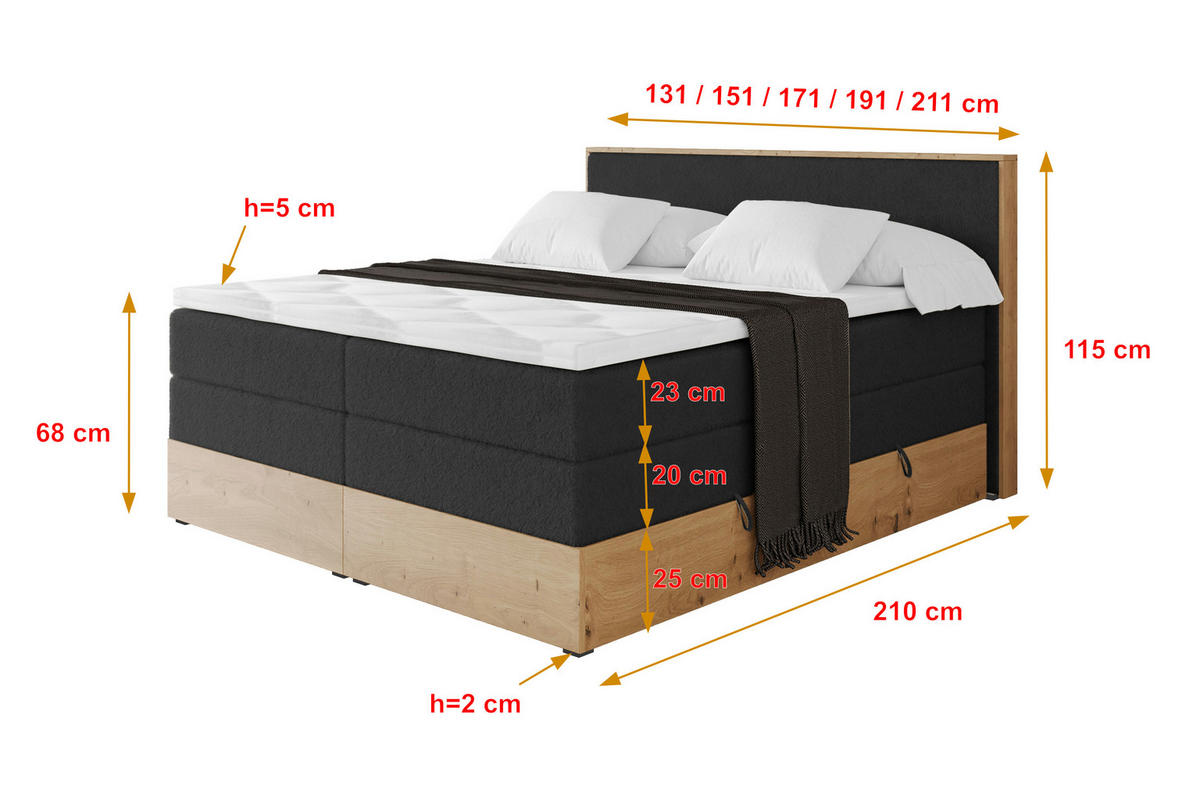 BOXSPRINGBETT LOLLI9 -KING 140x200 - H3/H4 Schwarz - Schwarz Hochglanz, Holzwerkstoff (140/200cm) - ALTDECOR