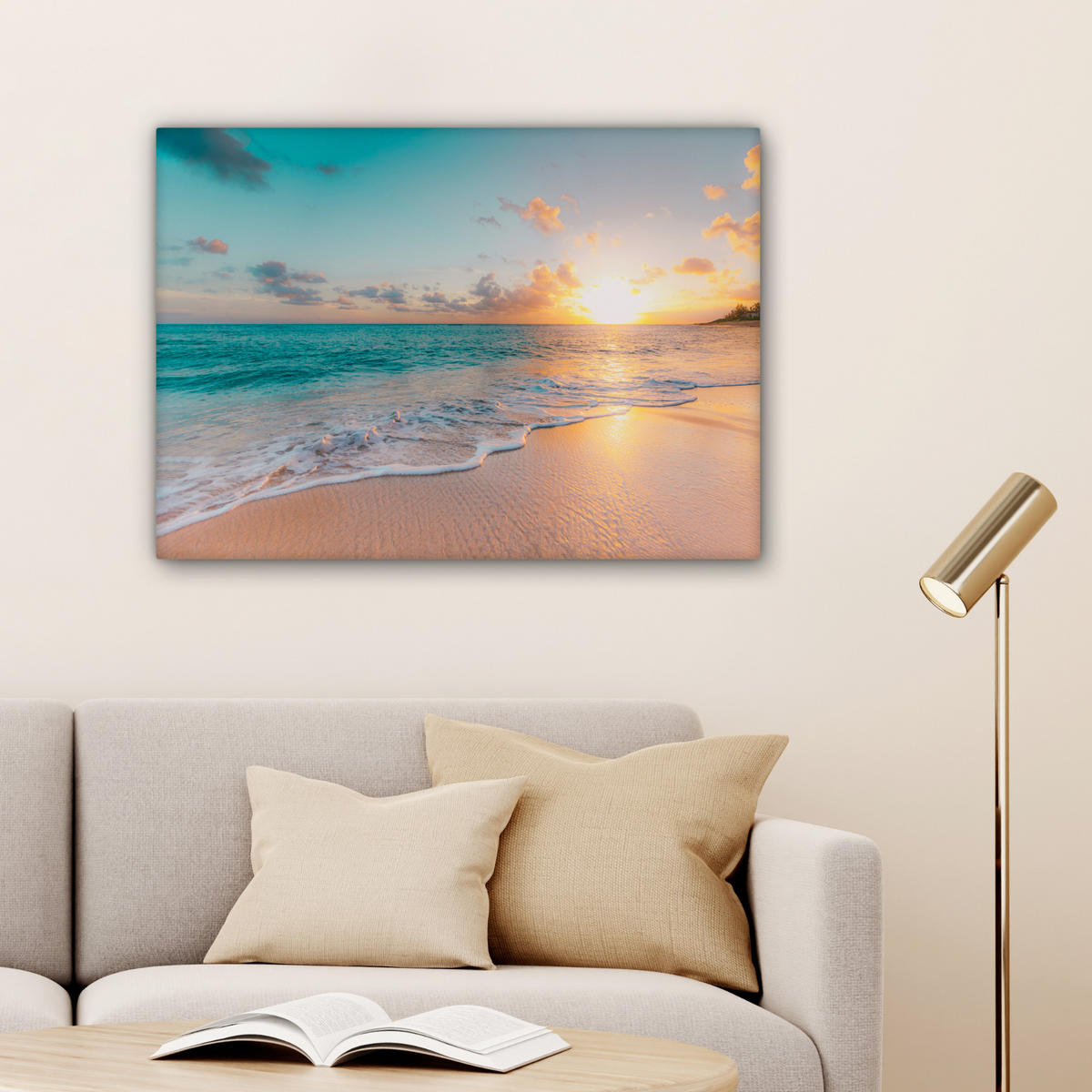 LEINWANDBILD - Sonnenuntergang - Strand - Meer - Sommer - Blau - 80x60 - Malerei - Multicolor, Textil (80/60cm) - MuchoWow