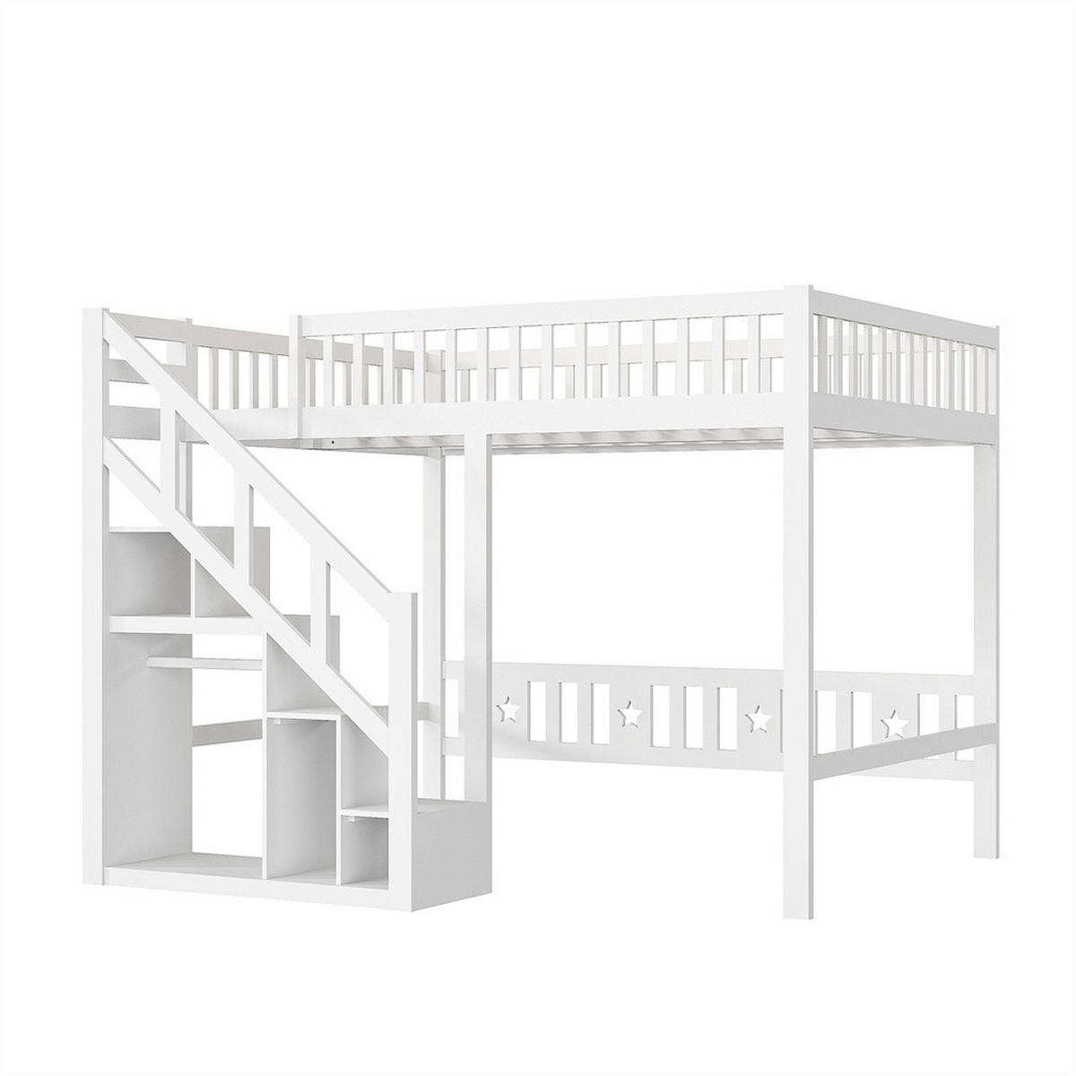 HOCHBETT 140x200 cm - Multifunktionales Kinderbett mit Treppenregal und hohem Rausfallschutz - ohne Matratze - Weiß - Weiß, Holz (140/200cm) - DELFA
