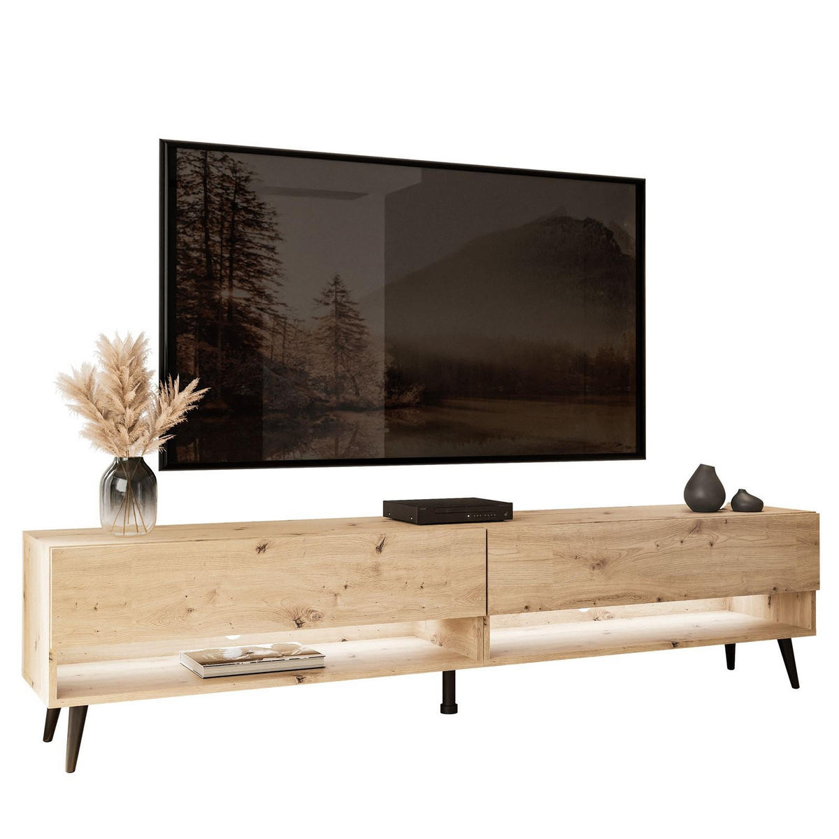 LOWBOARD TV-Schrank CALANTE 180 LOFT cm auf schrägen schwarzen Beinen - Schwarz/Eiche Artisan, Holzwerkstoff/Metall (180/43/35cm) - Lookway
