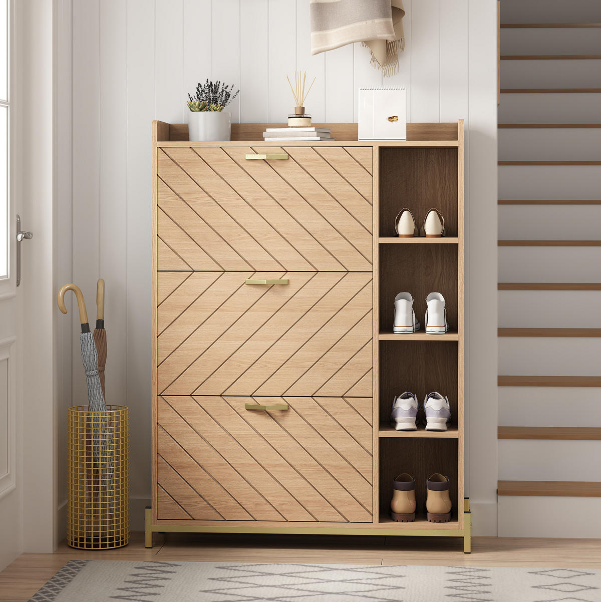 SCHUHSCHRANK 90/24/119 cm natur aus MDF mit 3 Klappen - Naturfarben, Holzwerkstoff (90/119/24cm) - OKWISH
