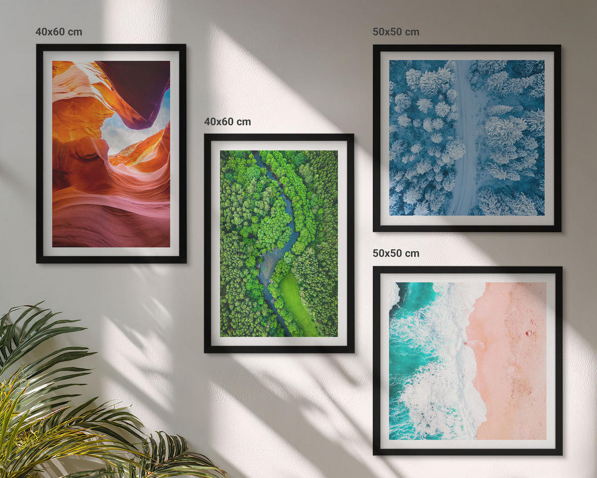 WANDBILDER 4er-Set - 50x50 cm & 40x60 cm Schwarzer Rahmen - Grün der Wasserschlucht im Winter - Schwarz, Kunststoff (50/50cm) - ArtPrintCave