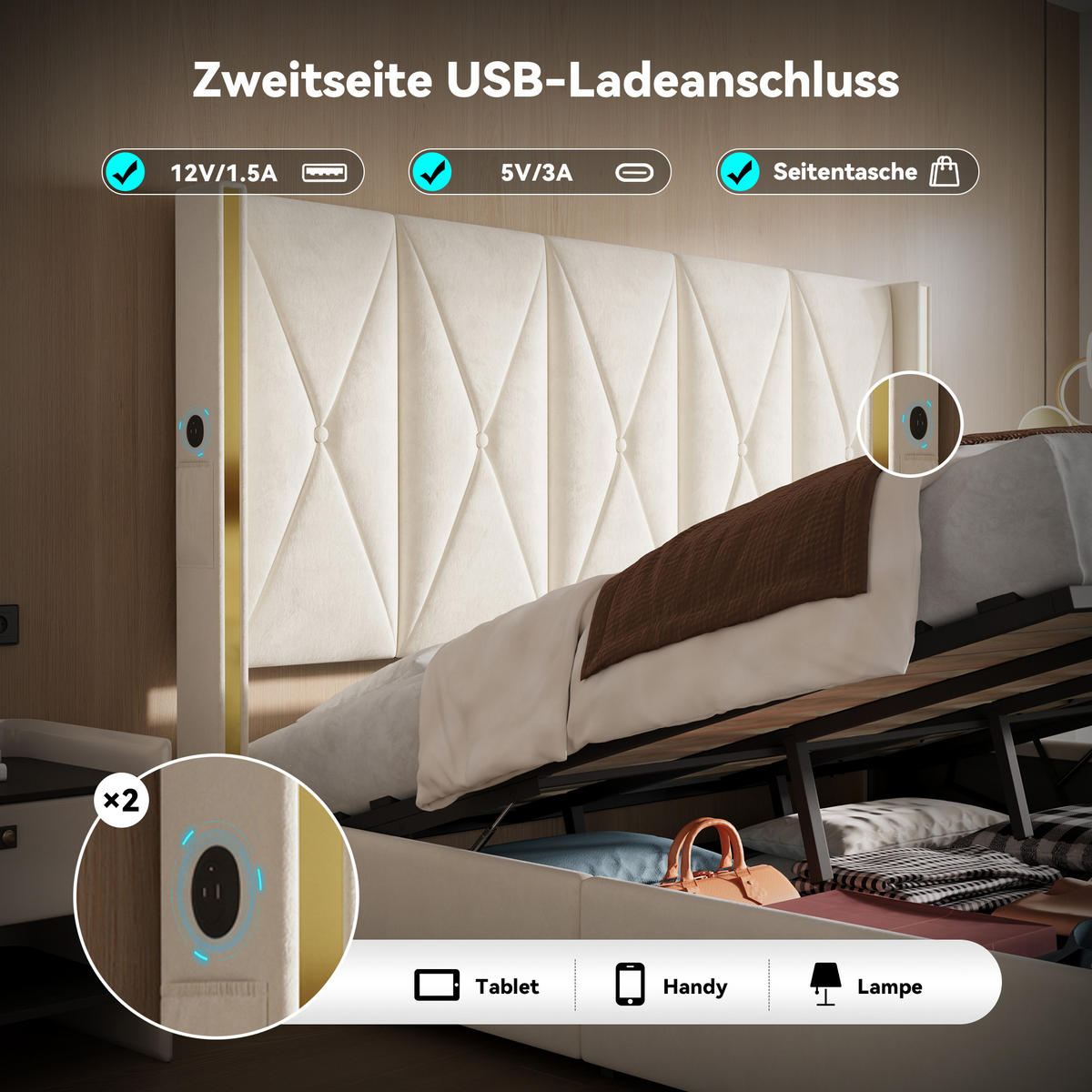 POLSTERBETT 180/200 cm Beige mit LED-Beleuchtung und hydraulische Speicherfunktion - Beige, Textil (180/200cm) - Oxeza