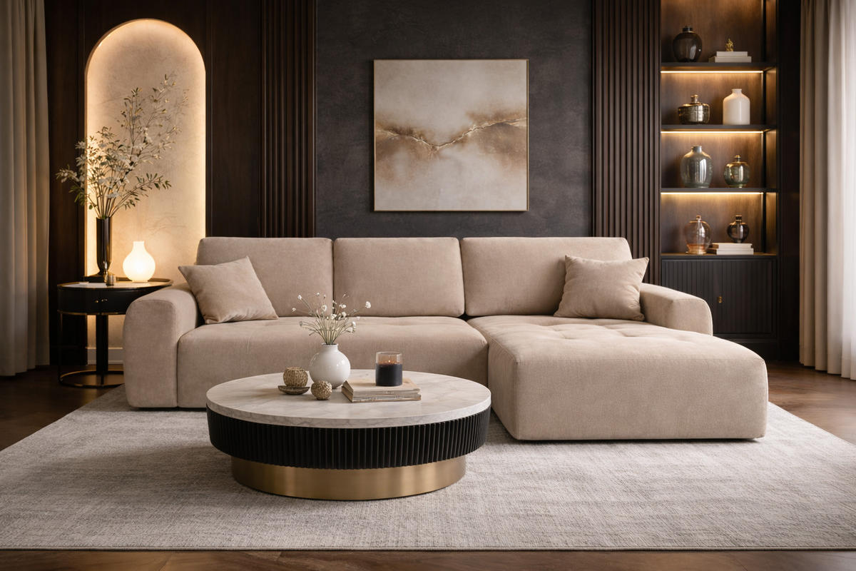 ECKSOFA Mit Schlaffunktion Und Bettkasten L-Form Ivo XL, Veloursstoff Salvador, Beige, Rechts - Beige, Holz (280/142cm) - Kaiser Möbel