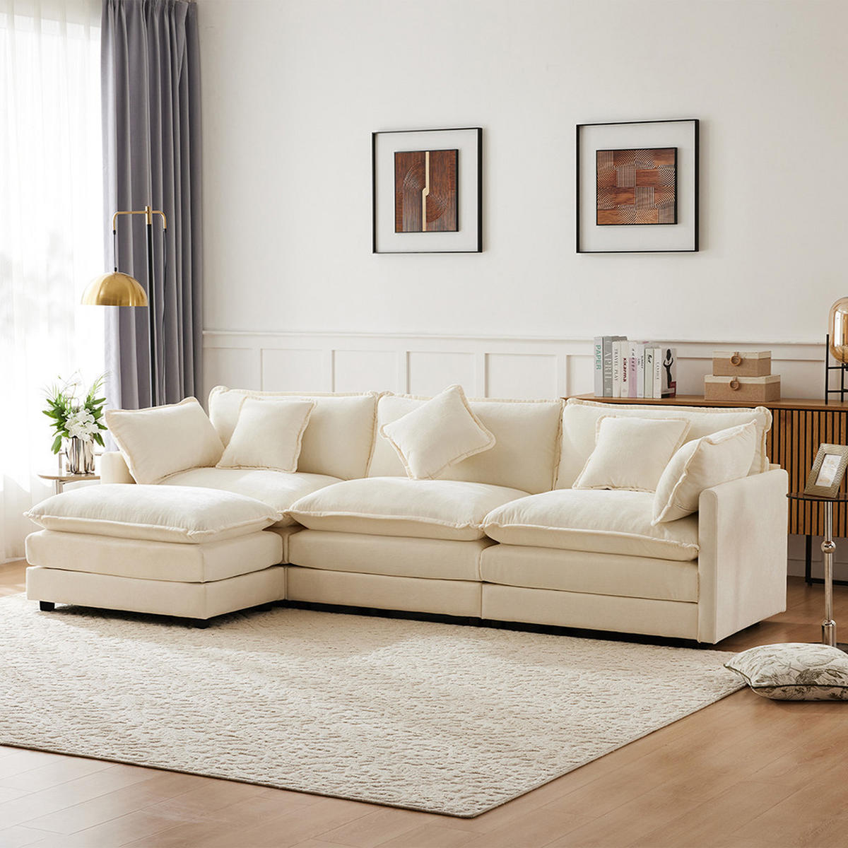 ECKSOFA in Beige Chenille-Stoff mit Fußstütze - Beige, Kunststoff/Textil (147/283cm) - KOMHTOM