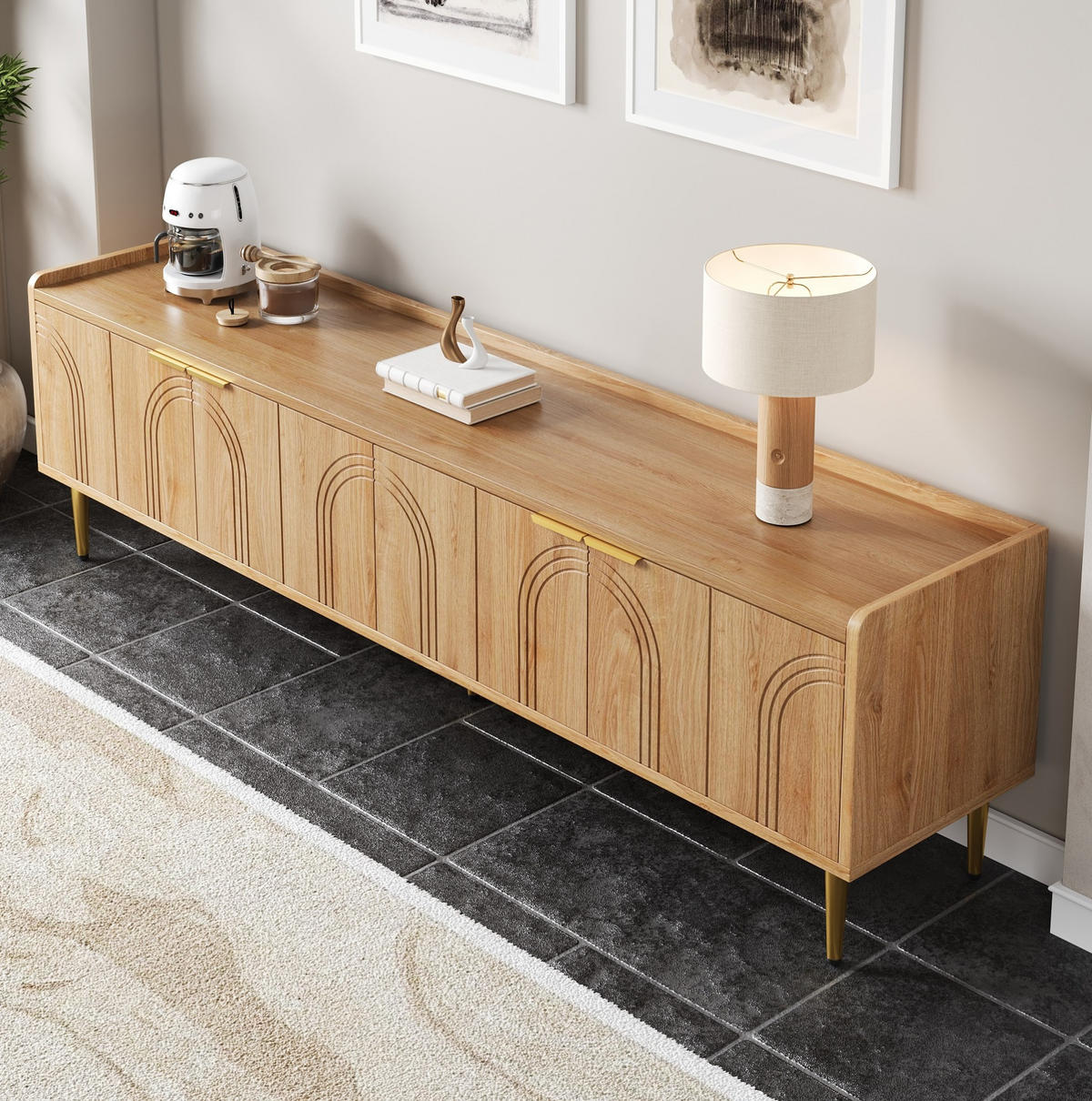TV-SCHRANK aus MDF 170x35x47,5 cm Natur mit Kabelmanagement und Stauraum, goldfarbene Griffe - Naturfarben, Holzwerkstoff (170/47.5/35cm) - Modfu