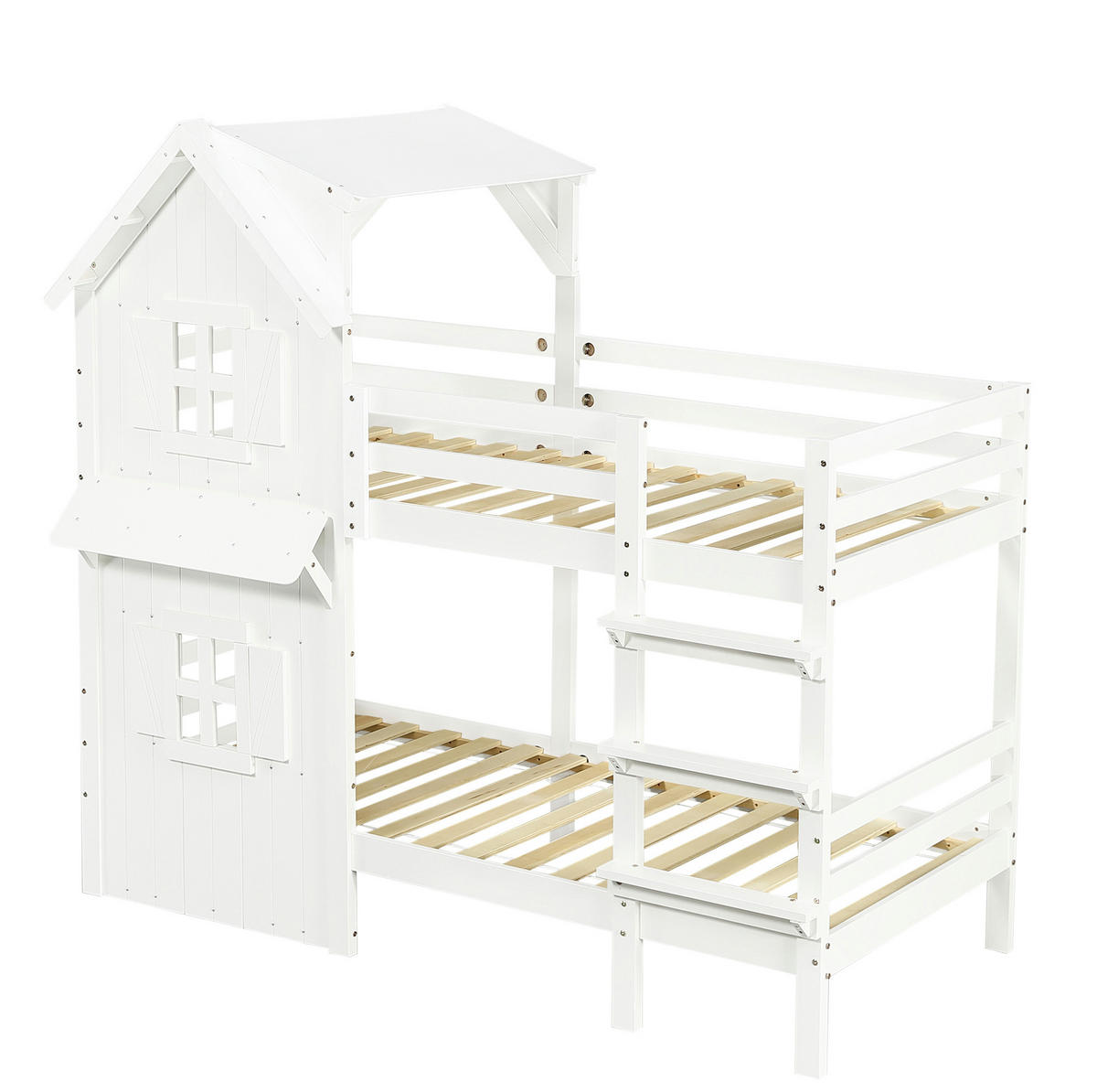 PATROVÁ postel 90/200 cm bílá s krásnými okny a bočními bezpečnostními zábradlími - bílá, kompozitní dřevo (90/200cm) - OKWISH
