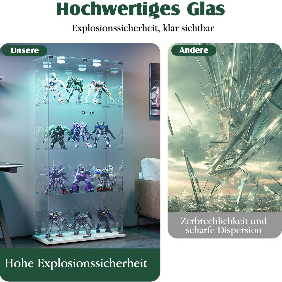 GLASVITRINE, 4 Glasböden, Doppeltür mit Schloss, Touch-LED, weiß - Weiß, Glas (78.5/163/35cm) - BRILVERDE