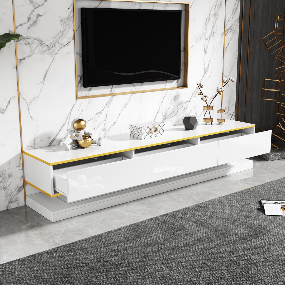 TV-SCHRANK 200x40cm Lowboard 3 Schubladen Hochglanz Weiß goldene Kante - Weiß, Holz (50.5/14/112.5cm) - FLIEKS