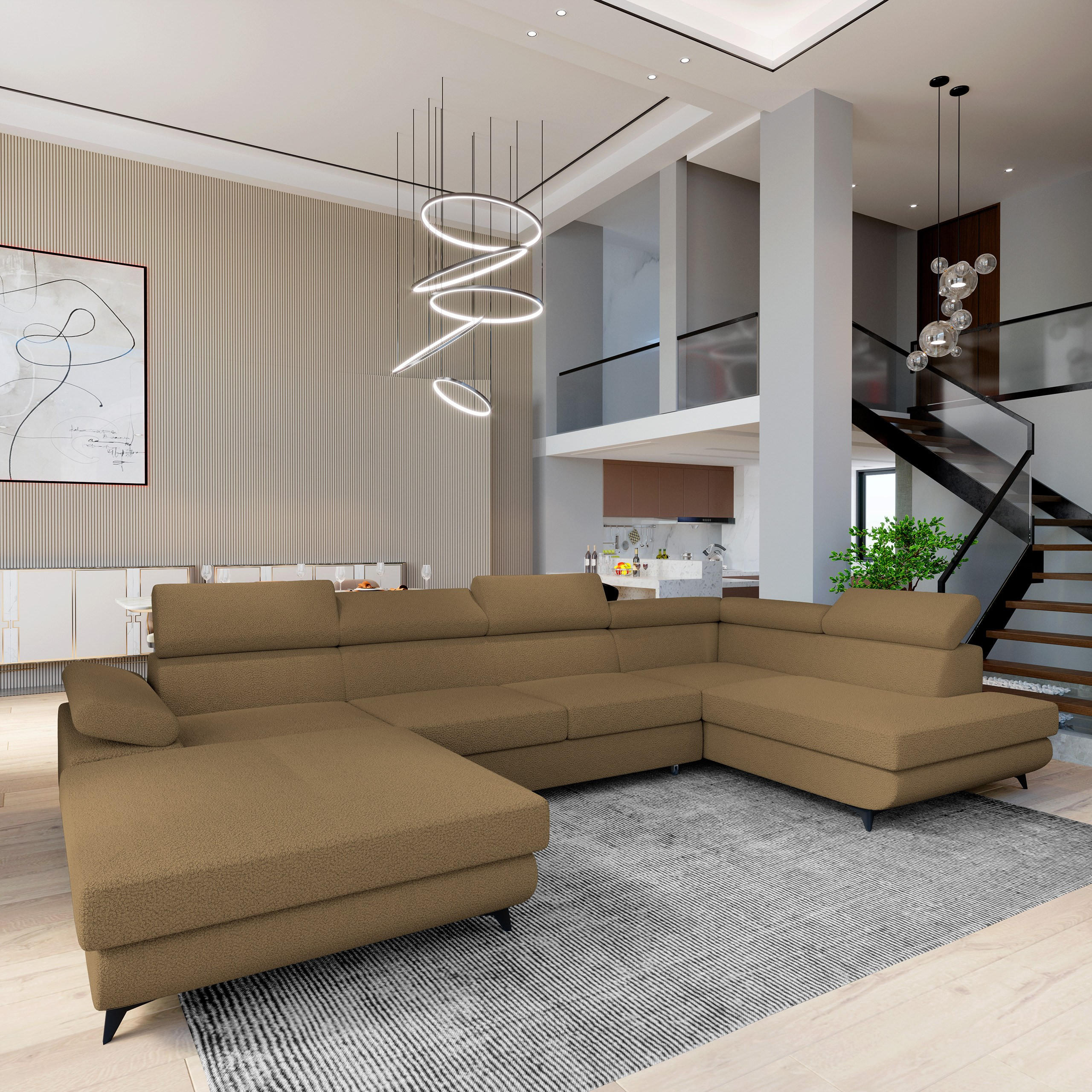 WOHNLANDSCHAFT RUBANO R-S Orange Boucle-Stoff mit Schlaffunktion - Orange, Holz (339/89/190cm) - MASSENO