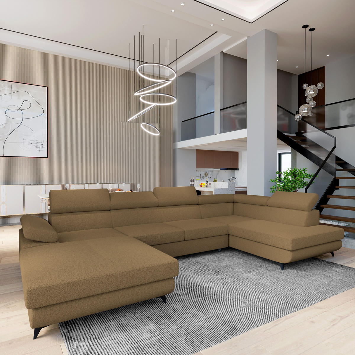 WOHNLANDSCHAFT RUBANO R-S Orange Boucle-Stoff mit Schlaffunktion - Orange, Holz (339/89/190cm) - MASSENO