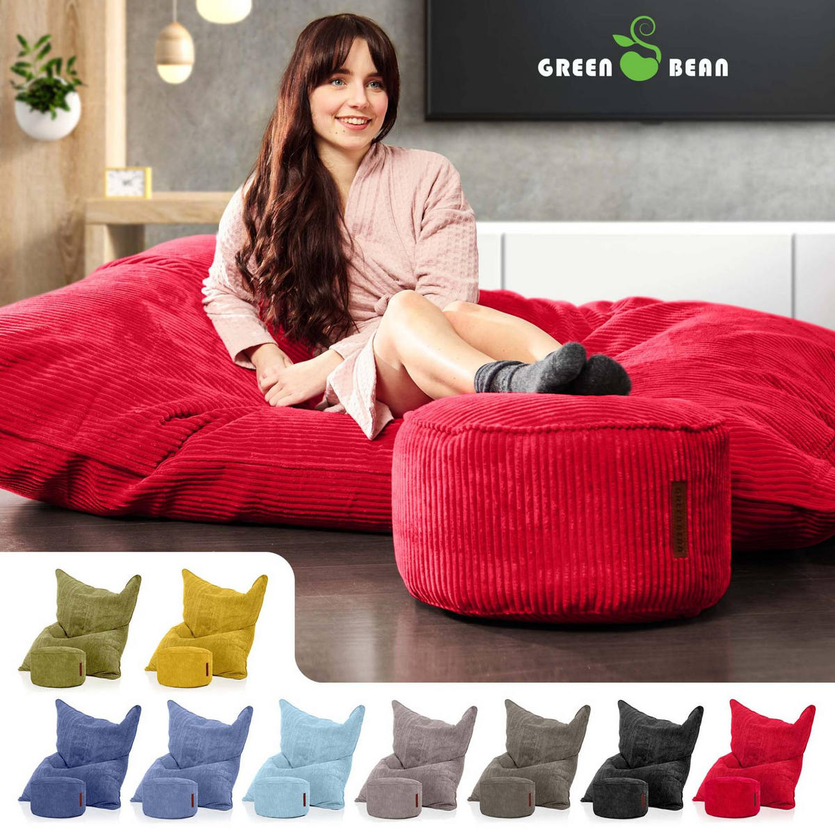 SITZSACK XXL "Square" + Pouf aus Cord - Rot, Textil (140/25/180cm) - Green Bean