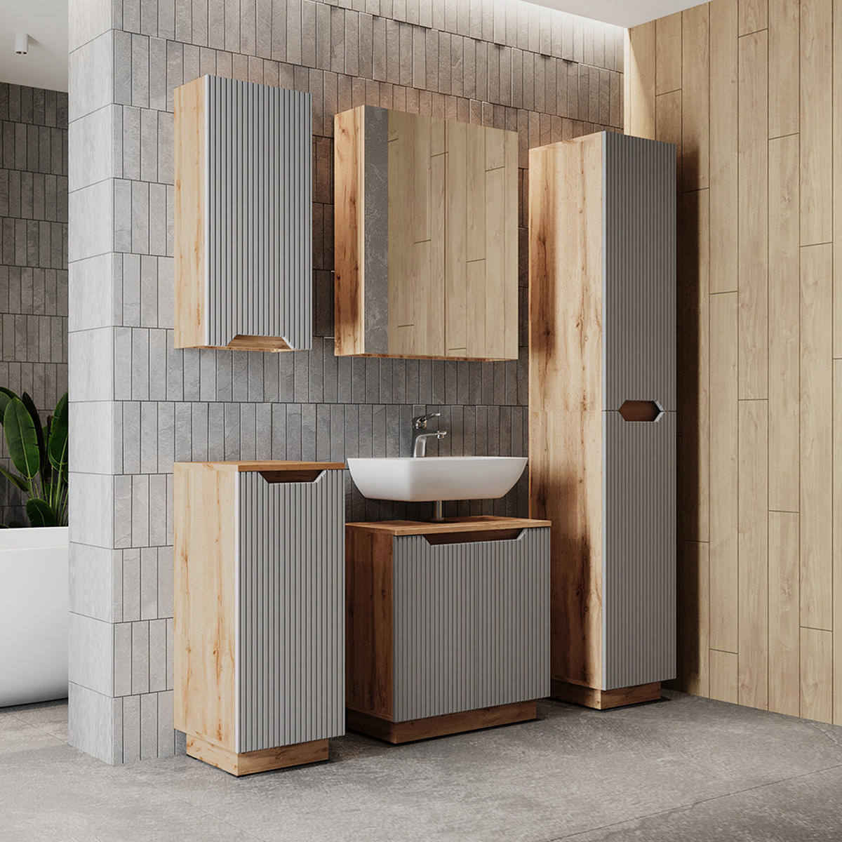 KOUPELNOVÝ NÁBYTEK Lotta Dubový/šedý pruhovaný - šedá/barva dubu, kompozitní dřevo (59.8/62.1/32cm) - Vicco