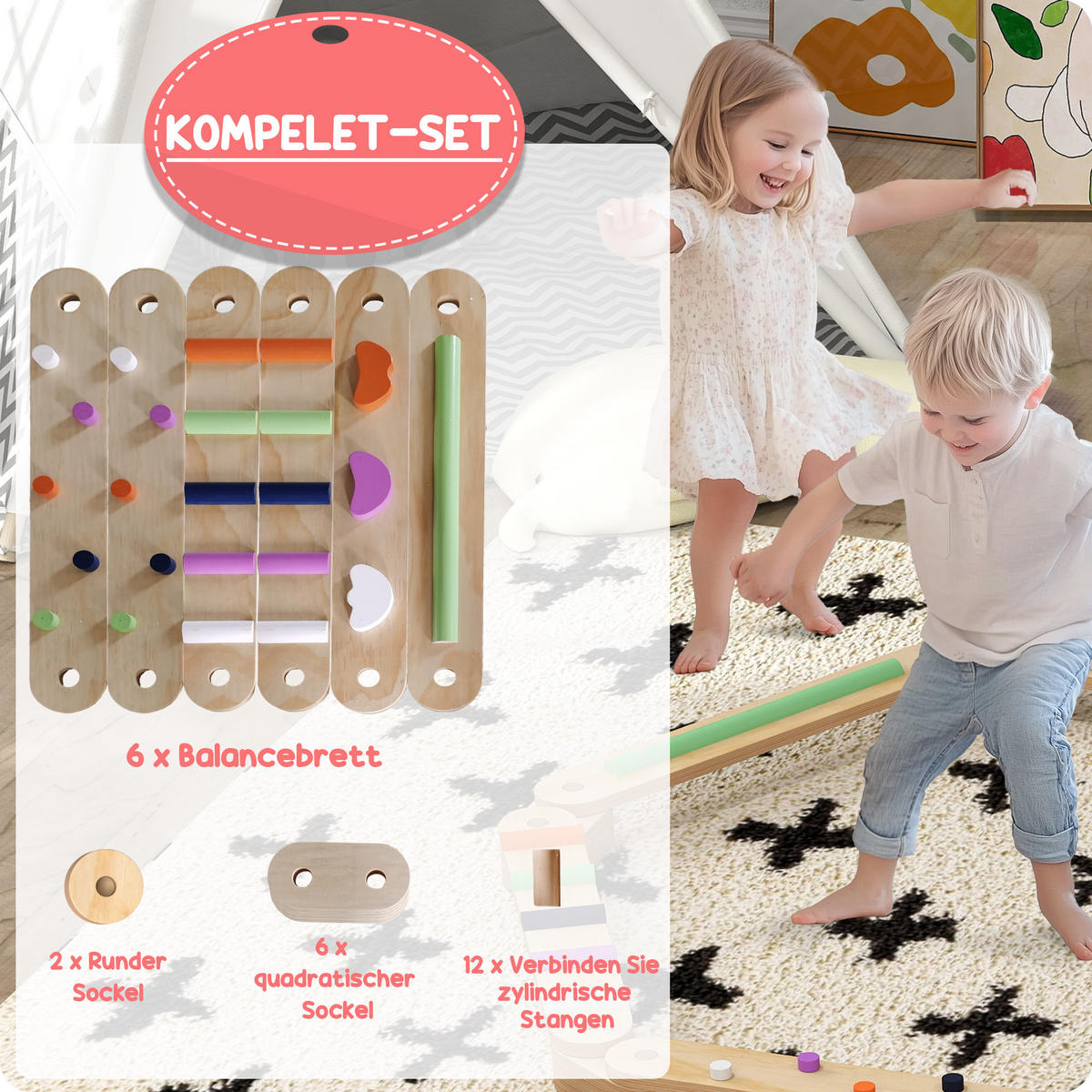 BALANCEBALKEN-KINDERSET aus Holz, 3-8 Jahre, zweiseitig, für Koordination - Multicolor, Holzwerkstoff (115/8.5/130cm) - AIYAPLAY